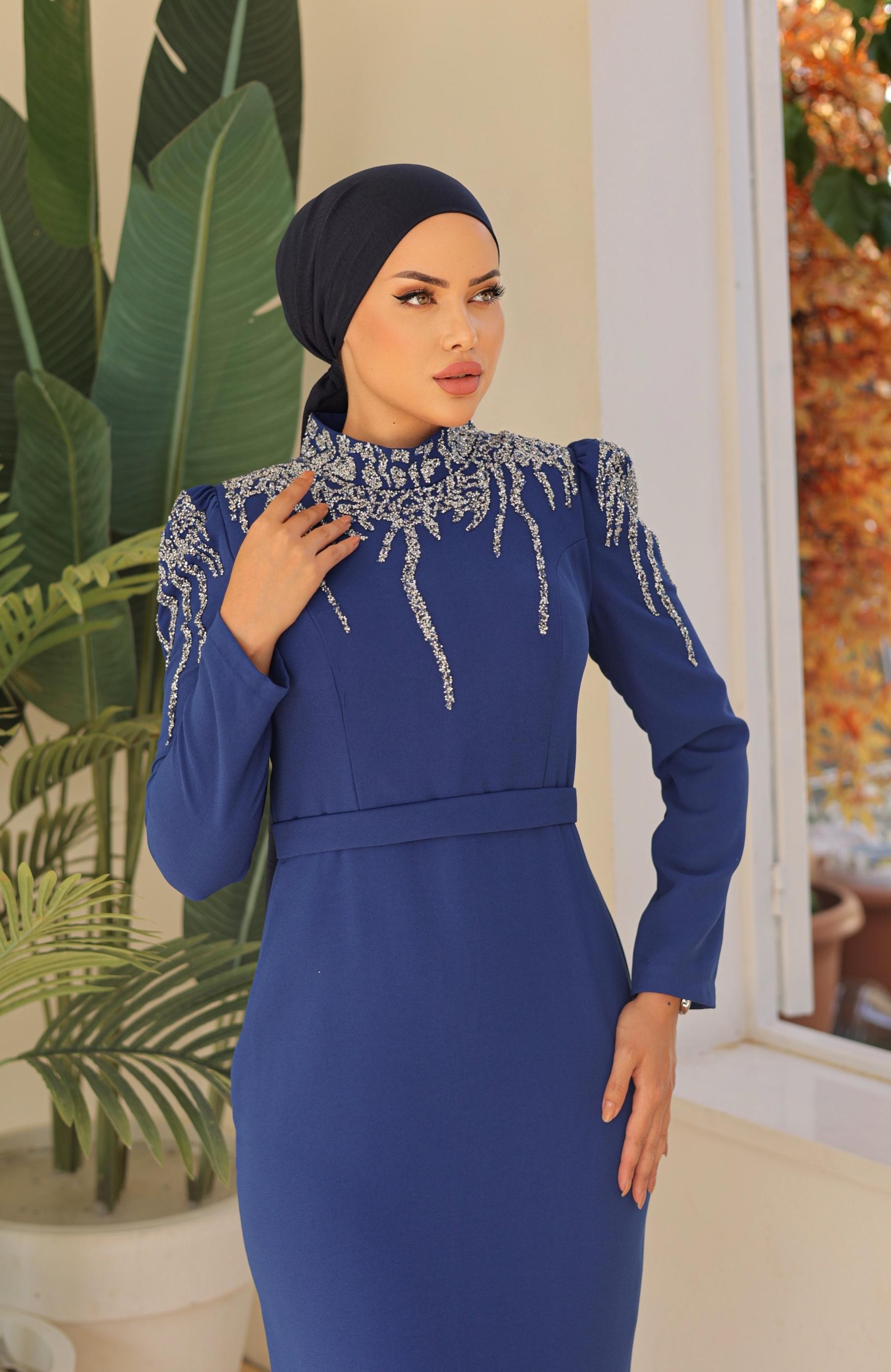 Stone Embroidered Crepe Dress 8215 - Navy Blue
