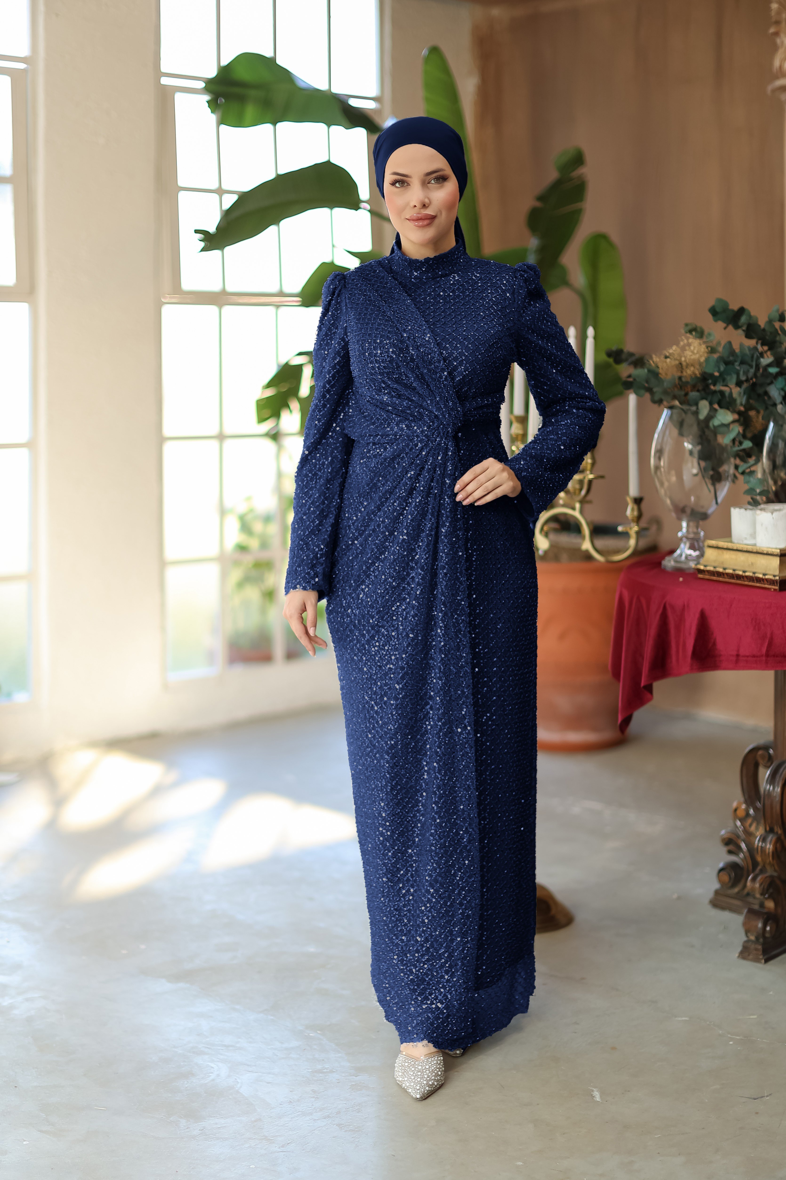 Bead-Embroidered Gown 8363 - Navy Blue