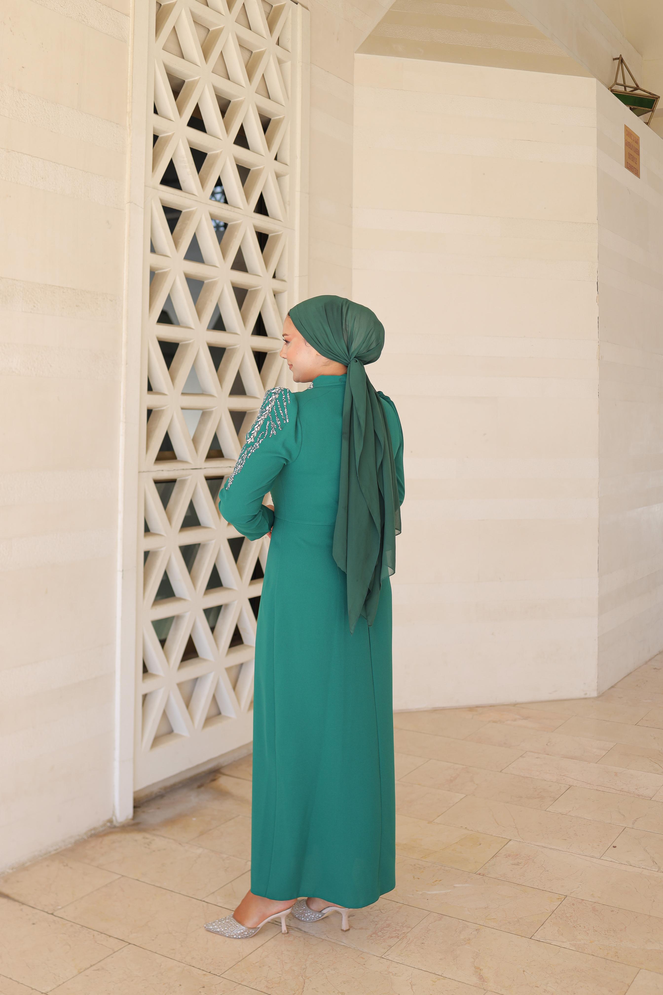 Stone-Embroidered Plus Size Crepe Dress 8287 - Emerald