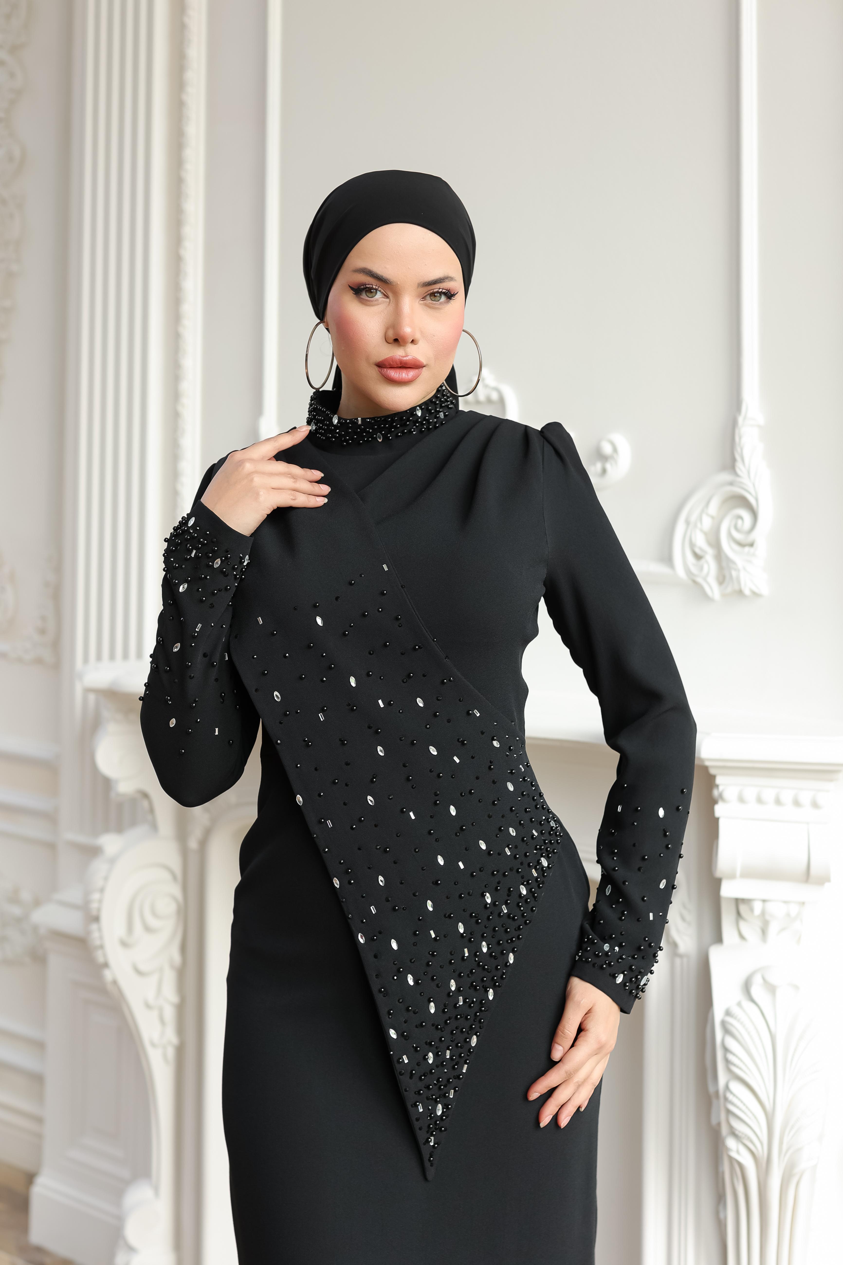 Boncuk İşlemeli Elbise 8366 - Black