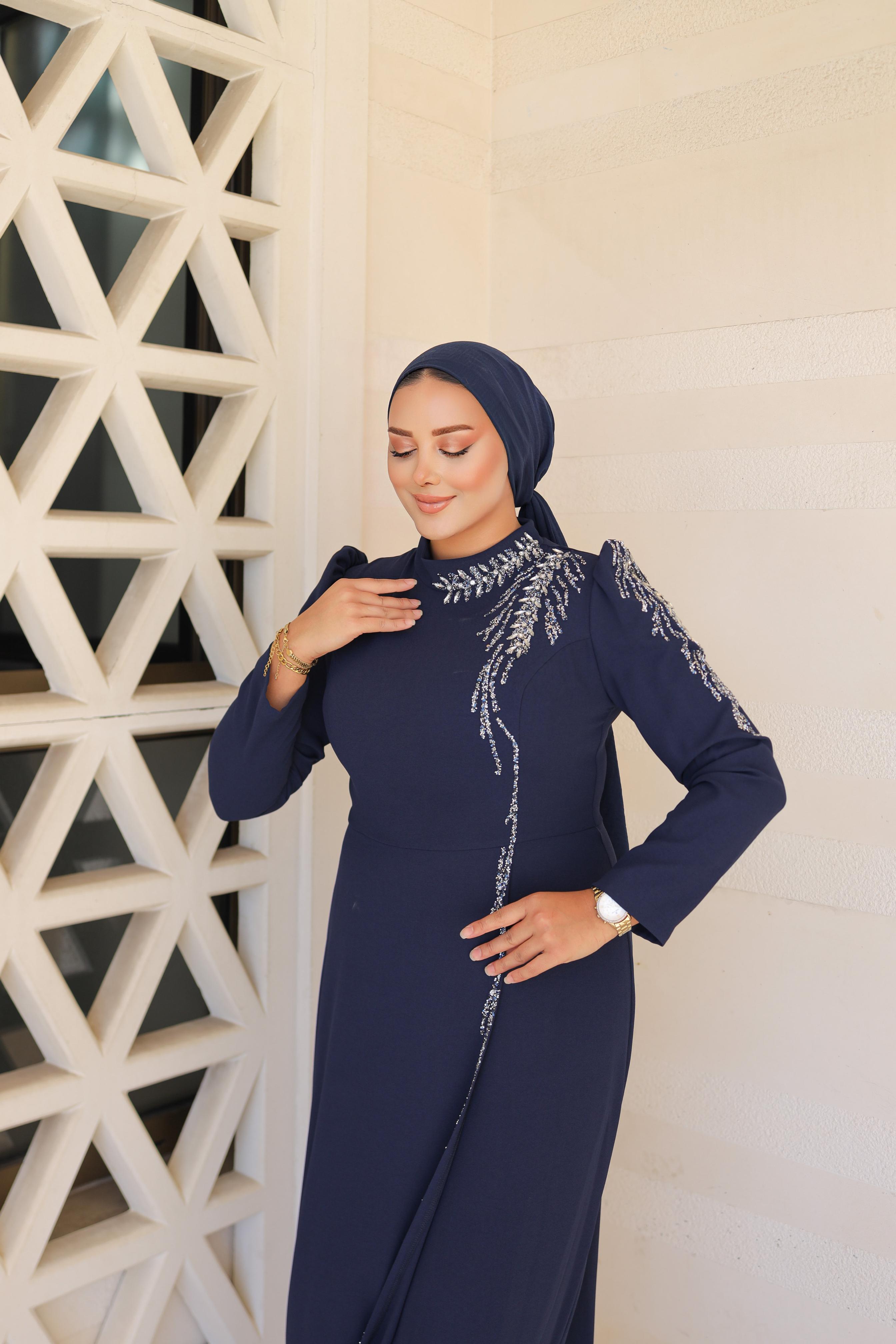 Stone-Embroidered Plus Size Crepe Dress 8287 - Navy Blue