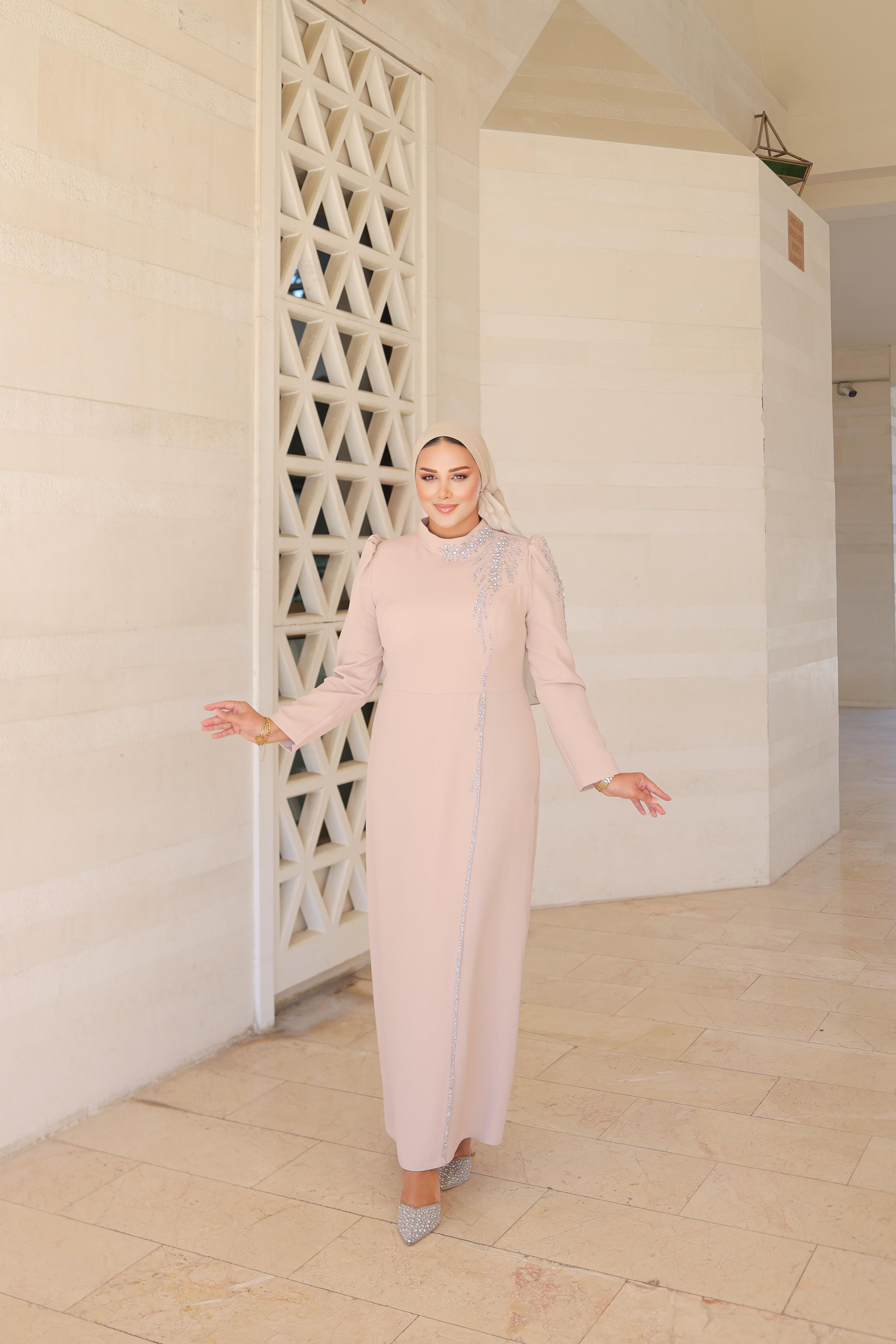 Stone-Embroidered Plus Size Crepe Dress 8287 - Beige