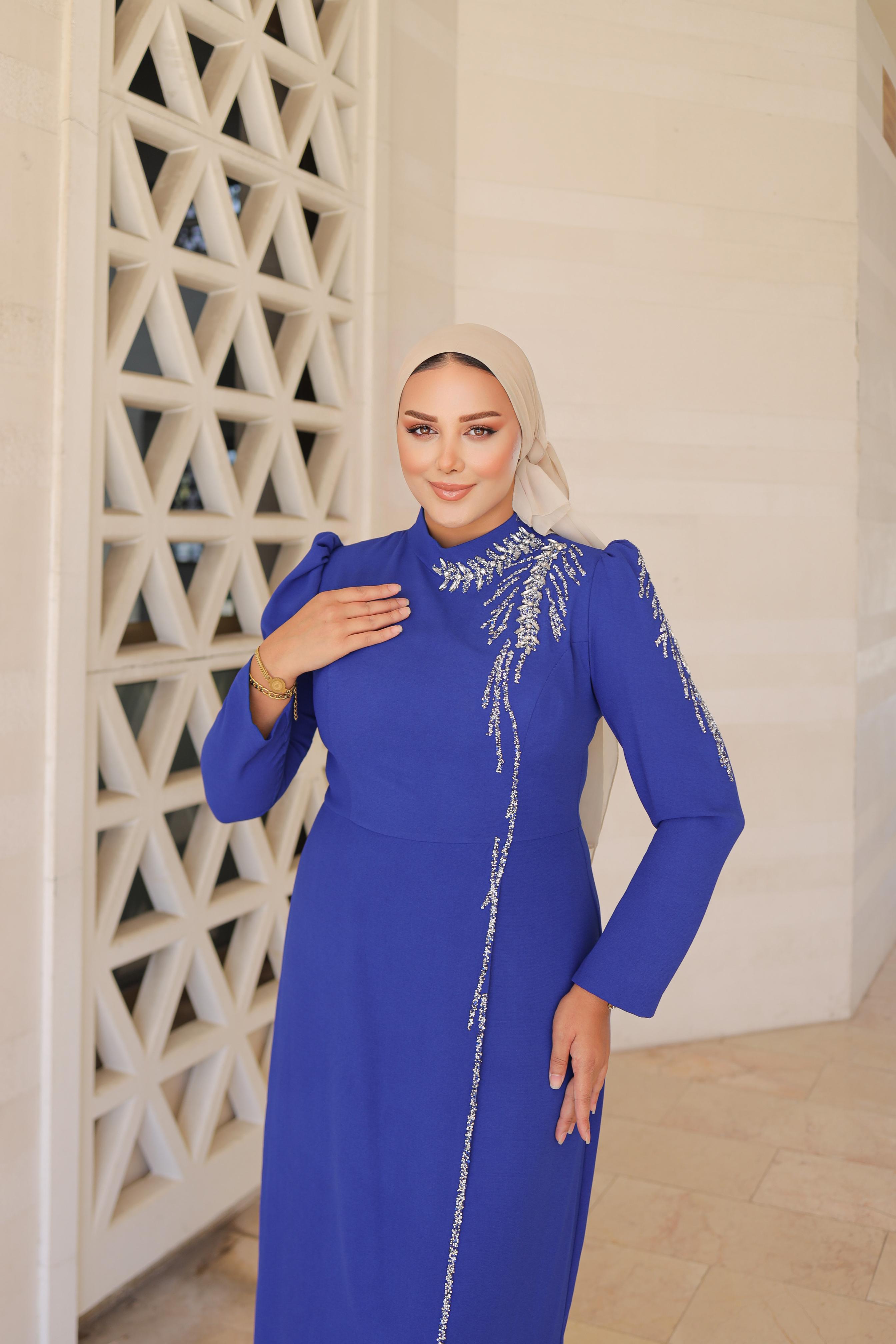 Stone-Embroidered Plus Size Crepe Dress 8287 - Cobalt Blue