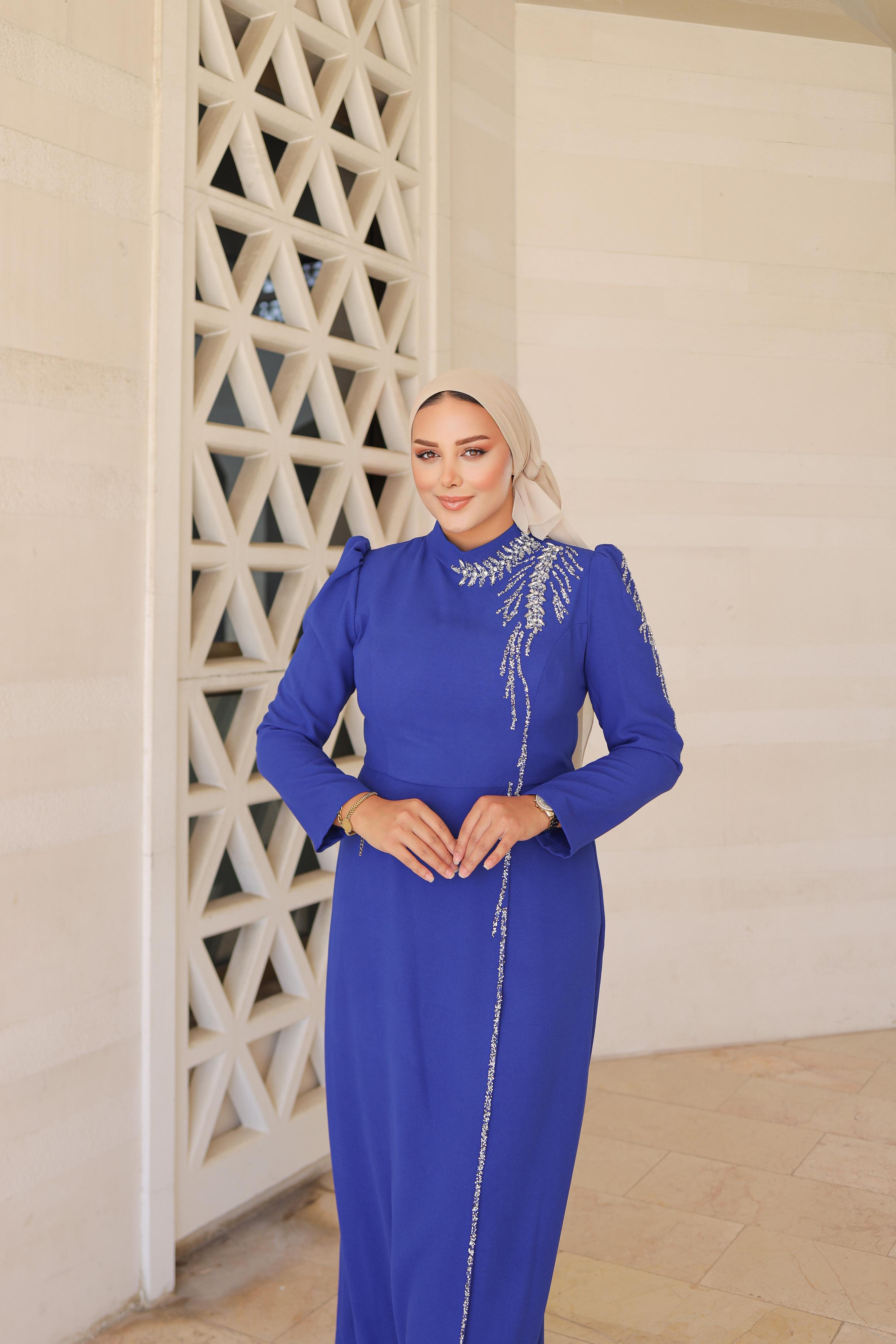 Stone-Embroidered Plus Size Crepe Dress 8287 - Cobalt Blue