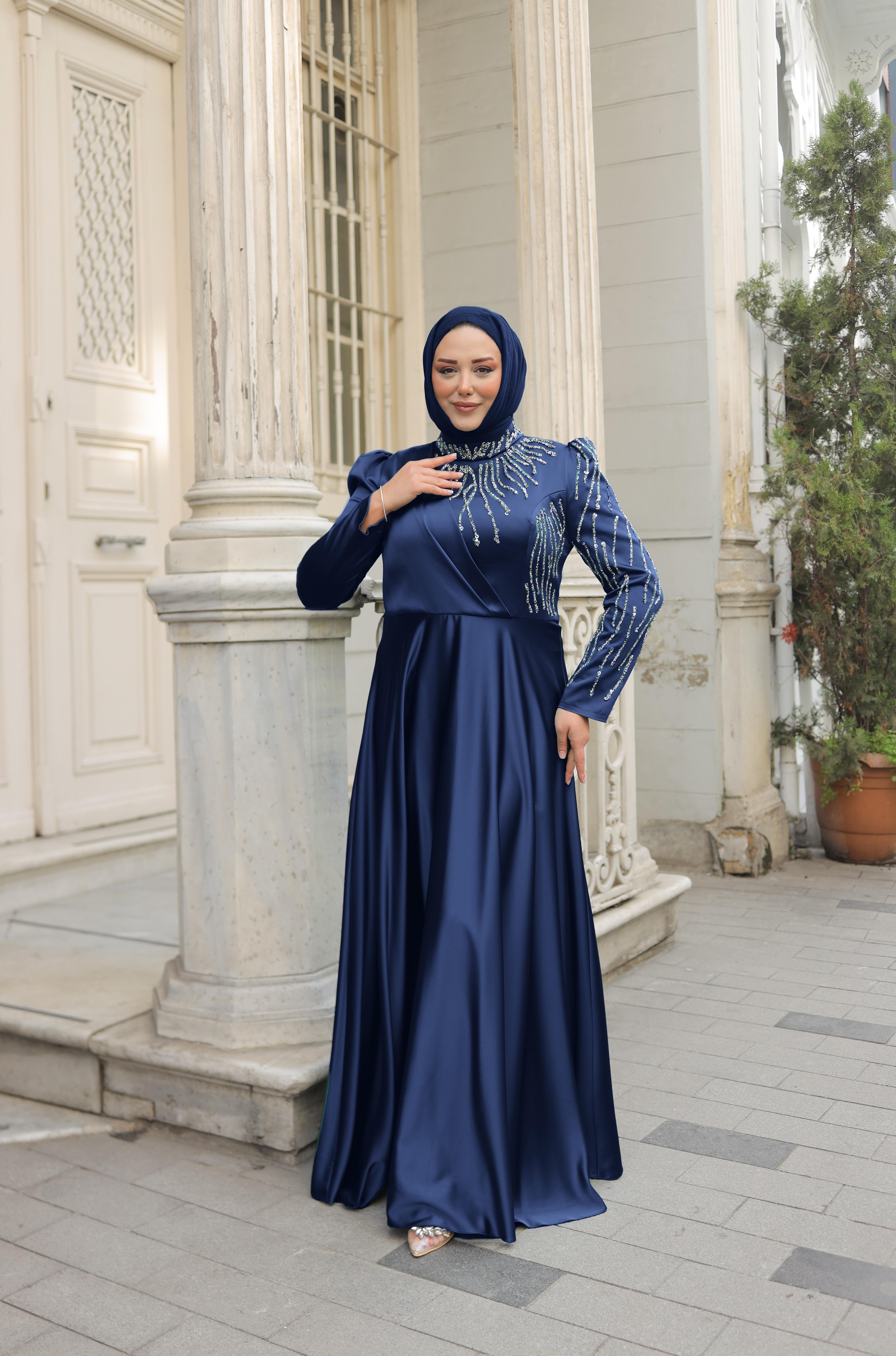 Stone Embroidered Plus Size Satin Evening Dress 8284 - Navy Blue