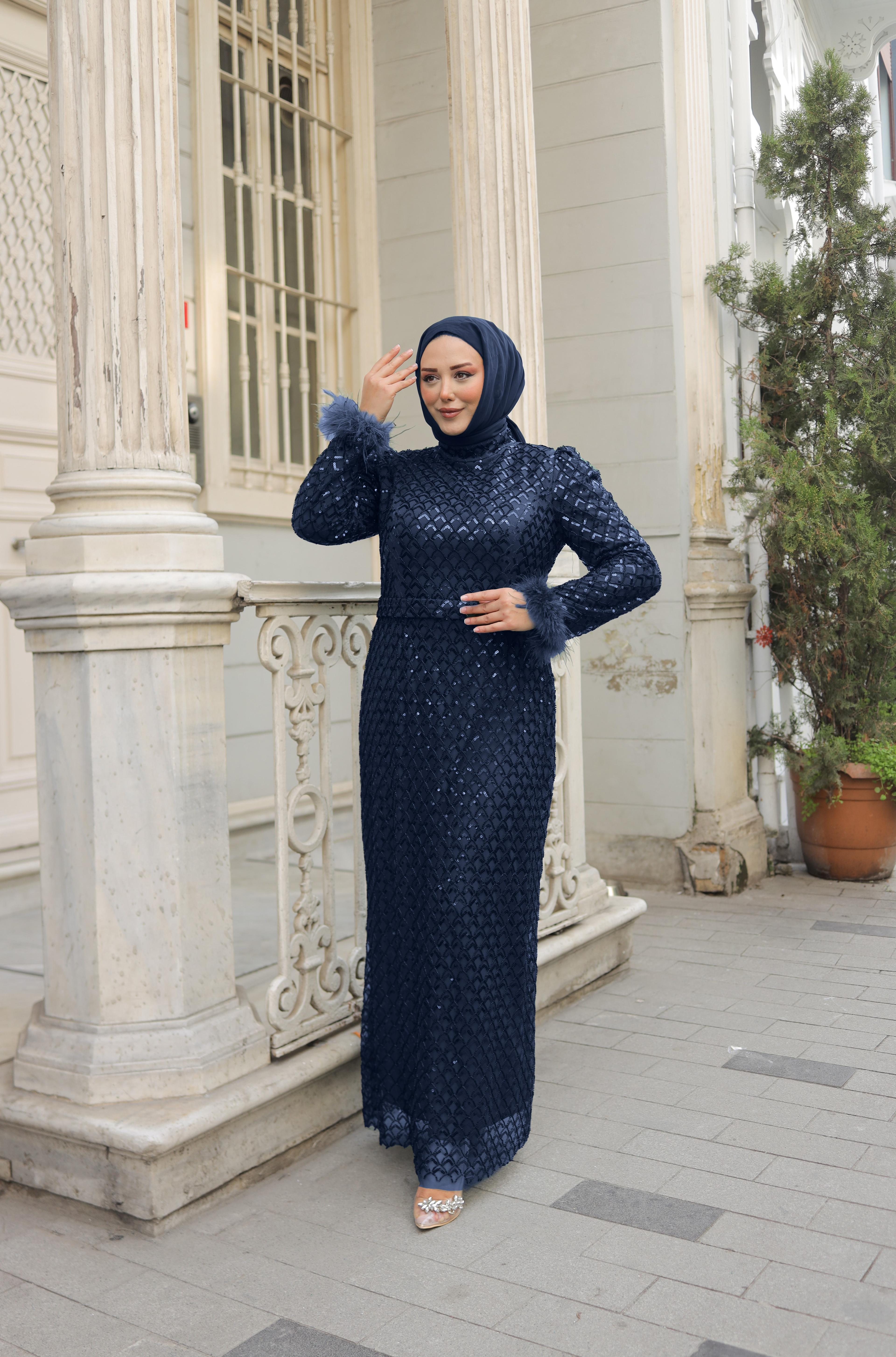 Beaded Embroidered Feathered Sleeve Plus Size Evening Dress 8337 - Navy Blue