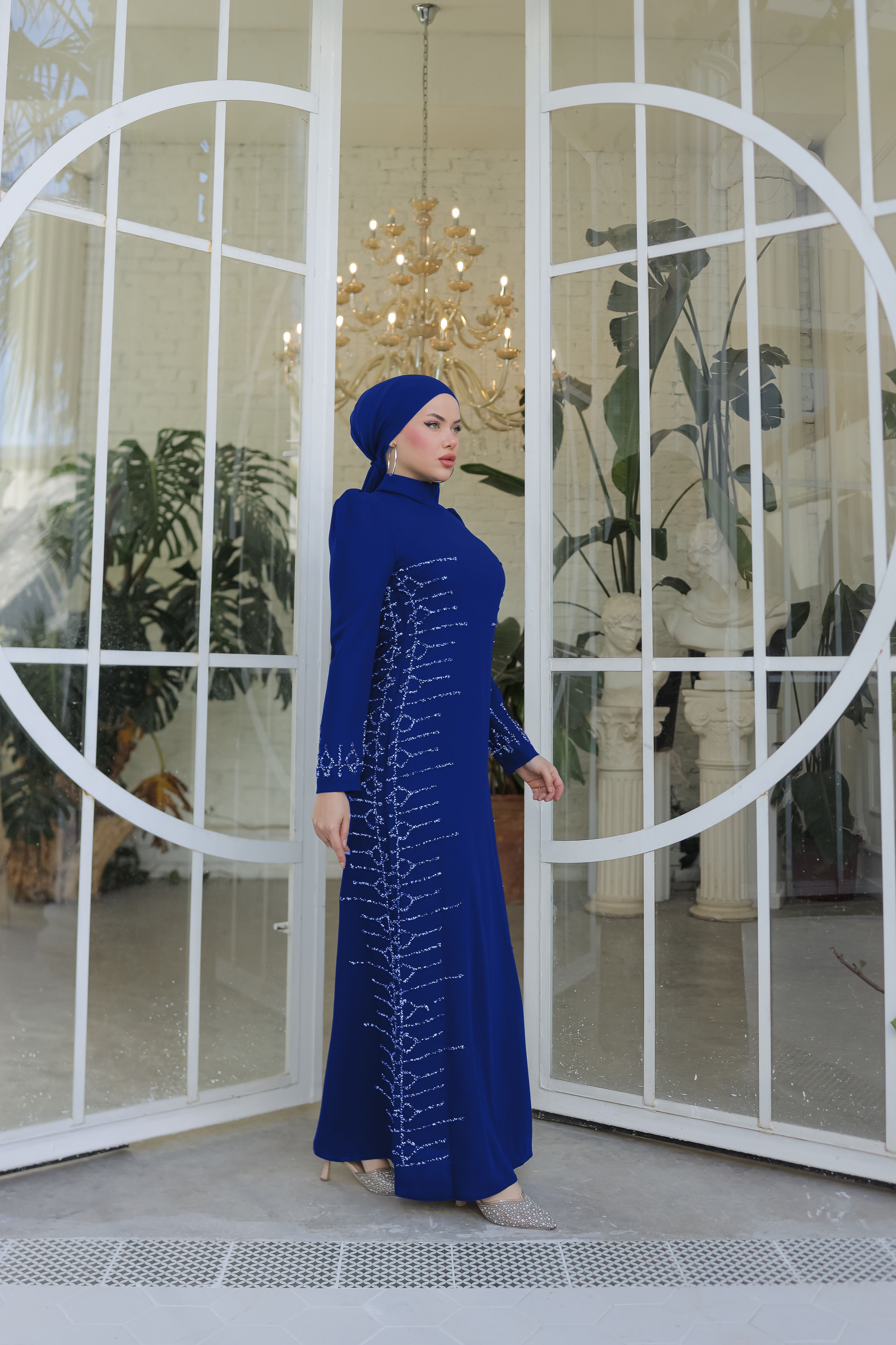 Taş İşlemeli Krep Elbise 8344 - Cobalt Blue