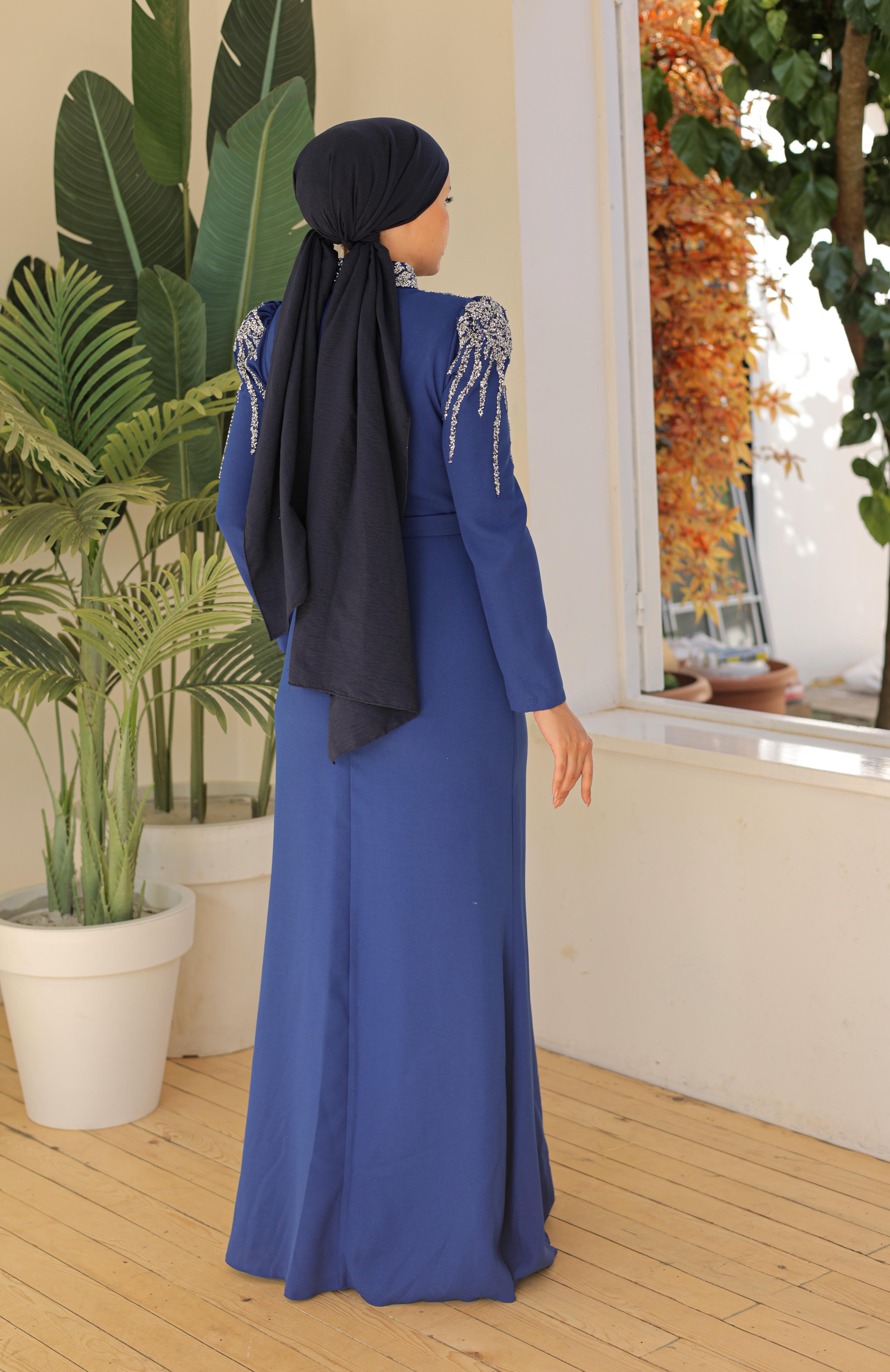 Stone Embroidered Crepe Dress 8215 - Navy Blue
