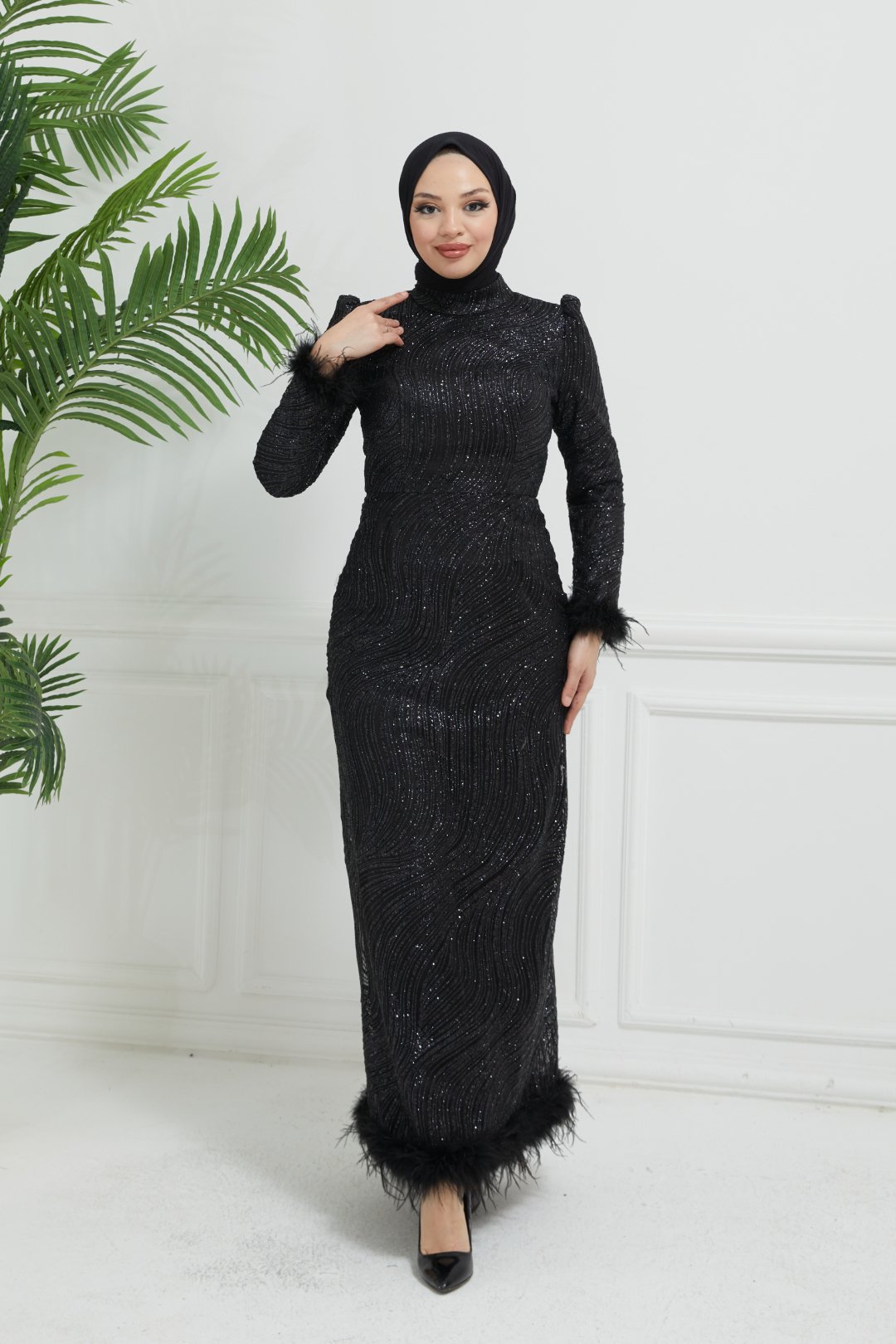 Embroidered Feathered Sleeve and Hem Gown 8104 - Black