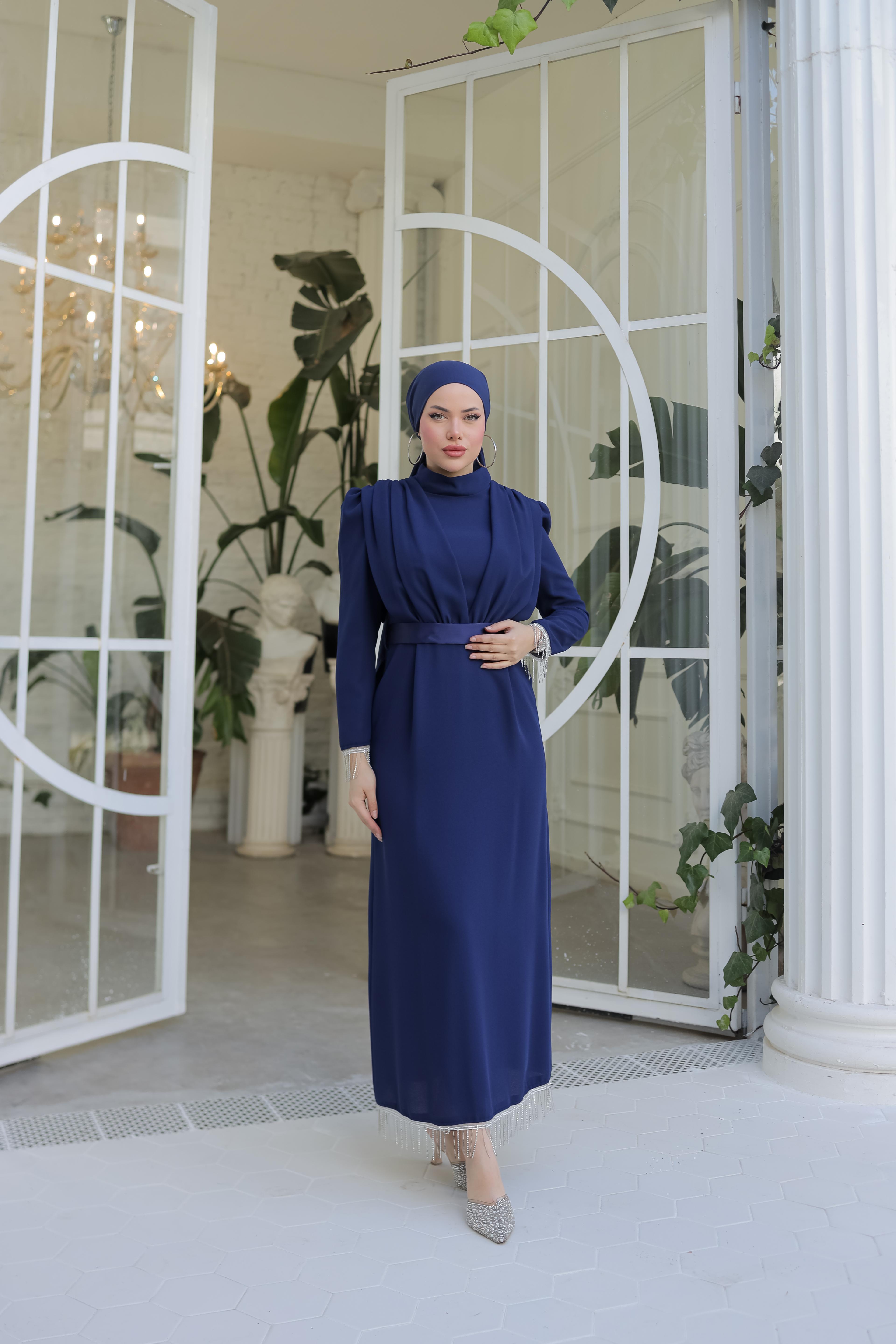 Kolu Ve Eteği Püsküllü Kemer Detaylı Elbise 8386 - Navy Blue