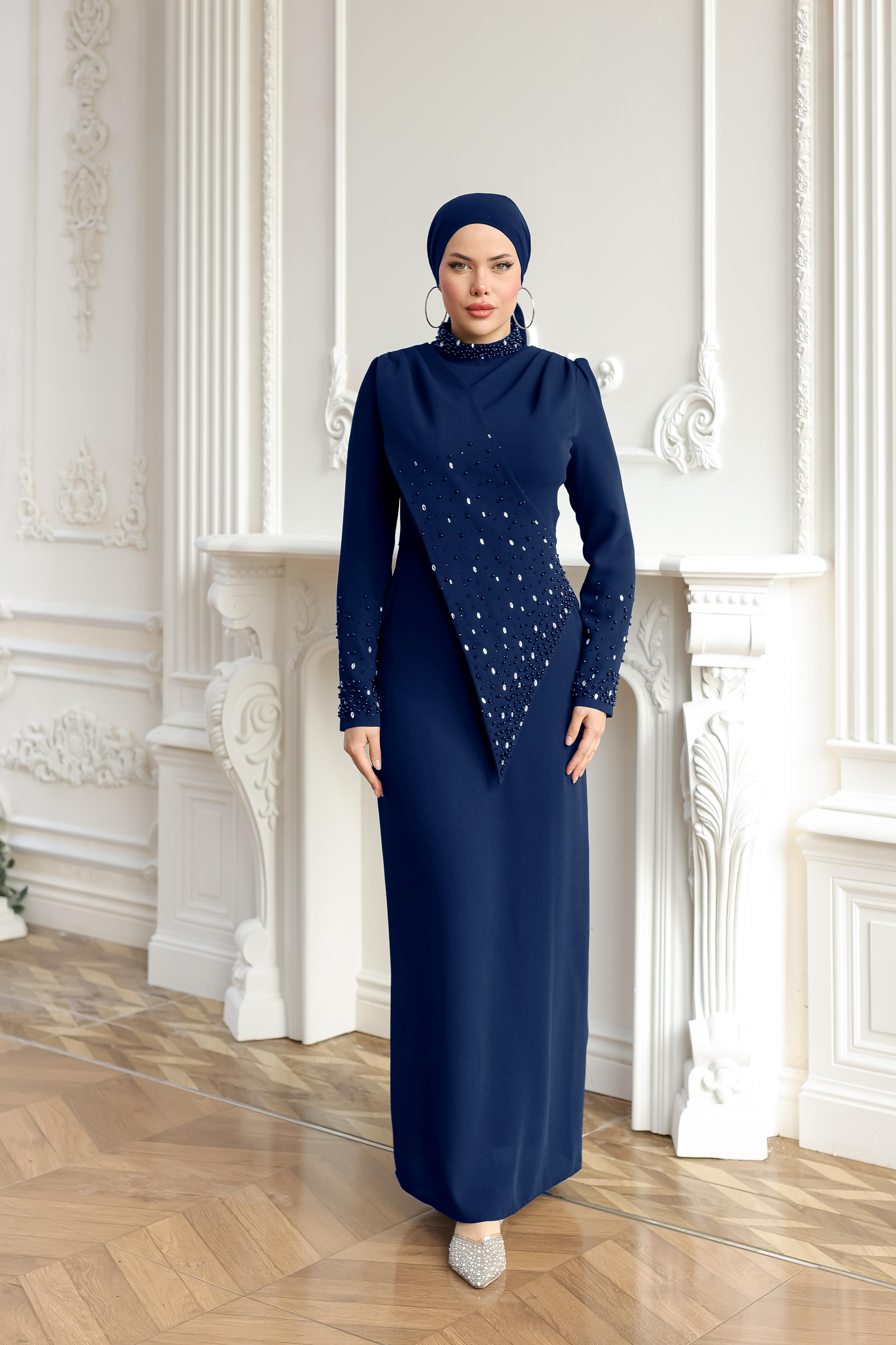 Boncuk İşlemeli Elbise 8366 - Navy Blue