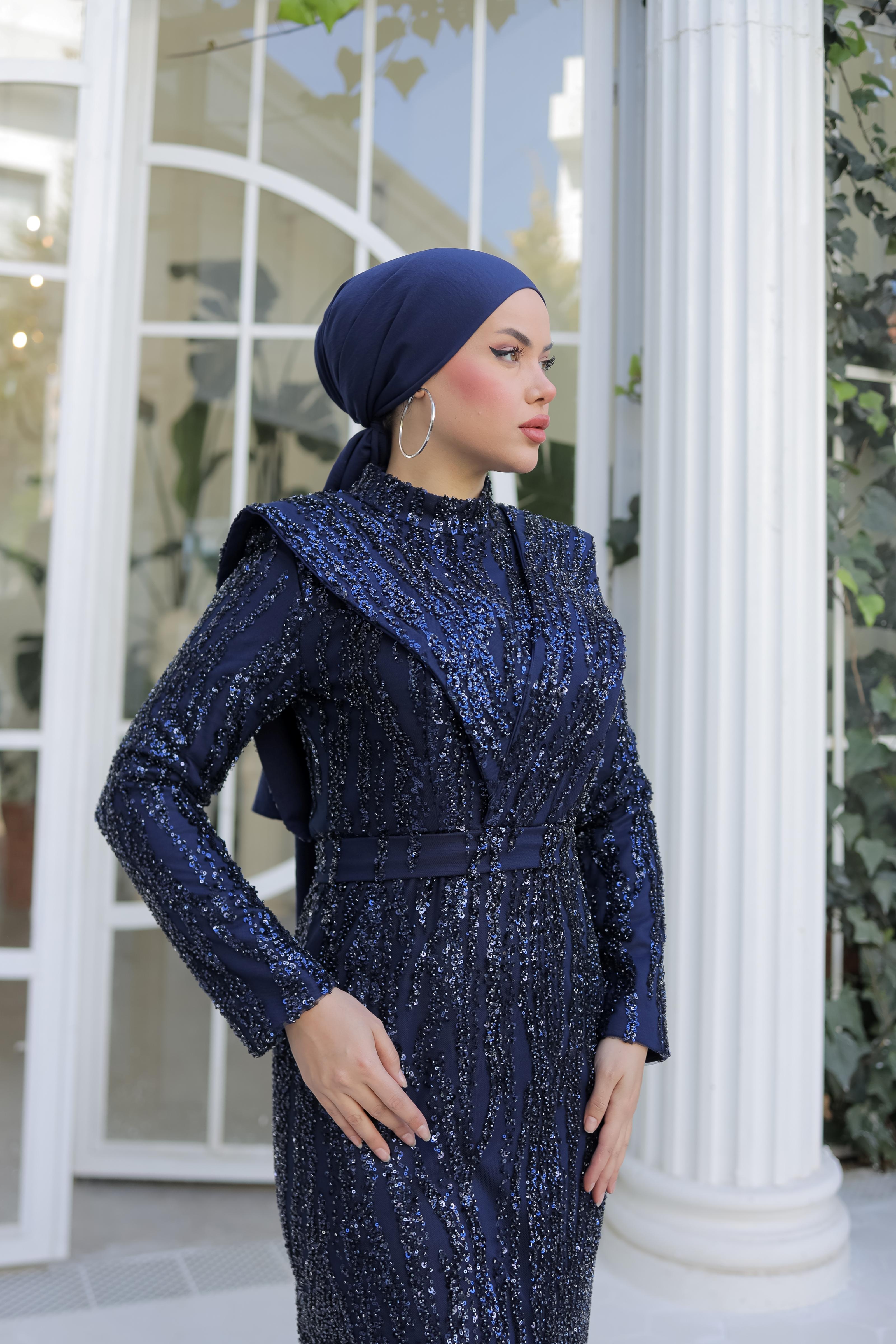 Boncuk İşlemeli Abiye 8438 - Navy Blue