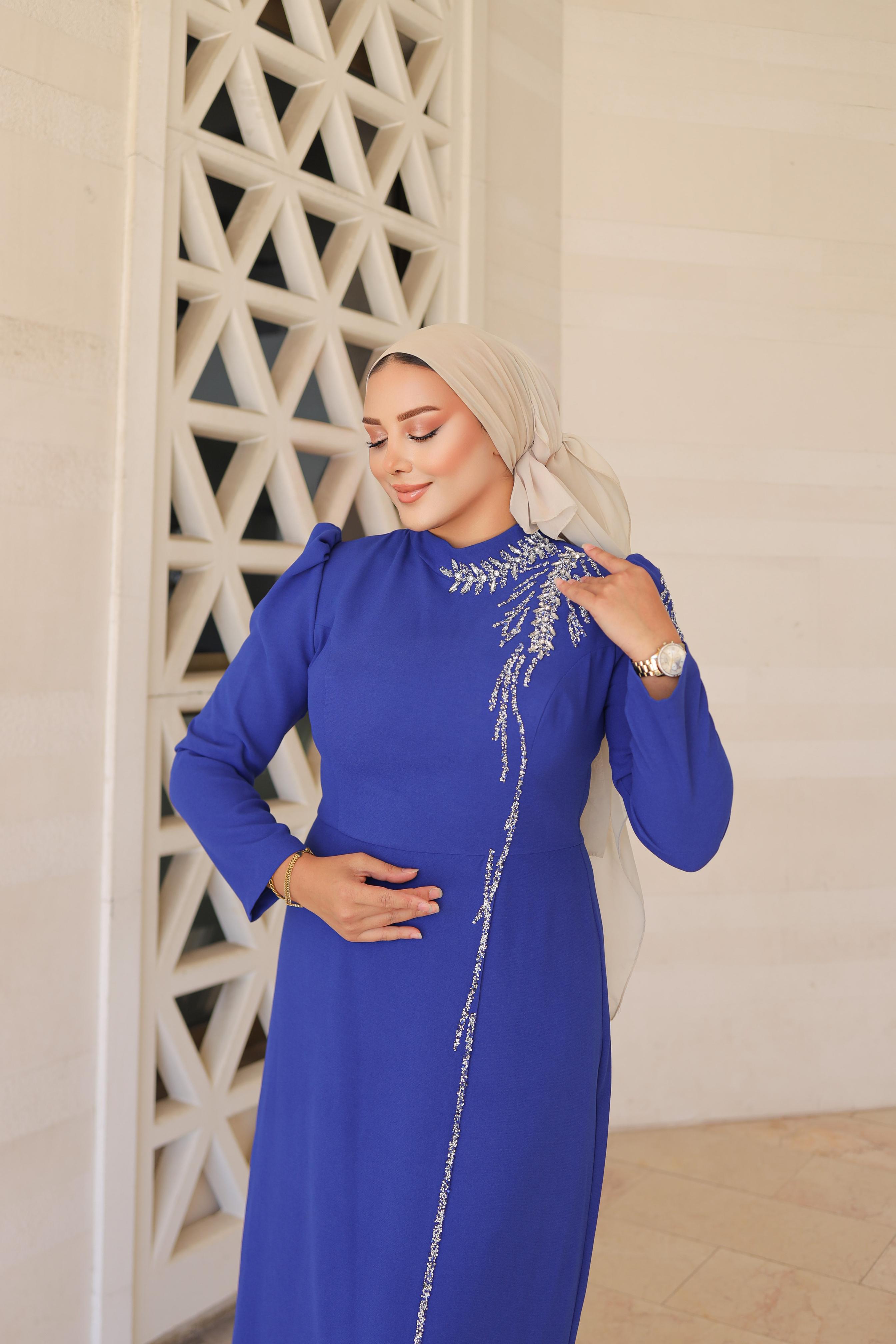 Stone-Embroidered Plus Size Crepe Dress 8287 - Cobalt Blue