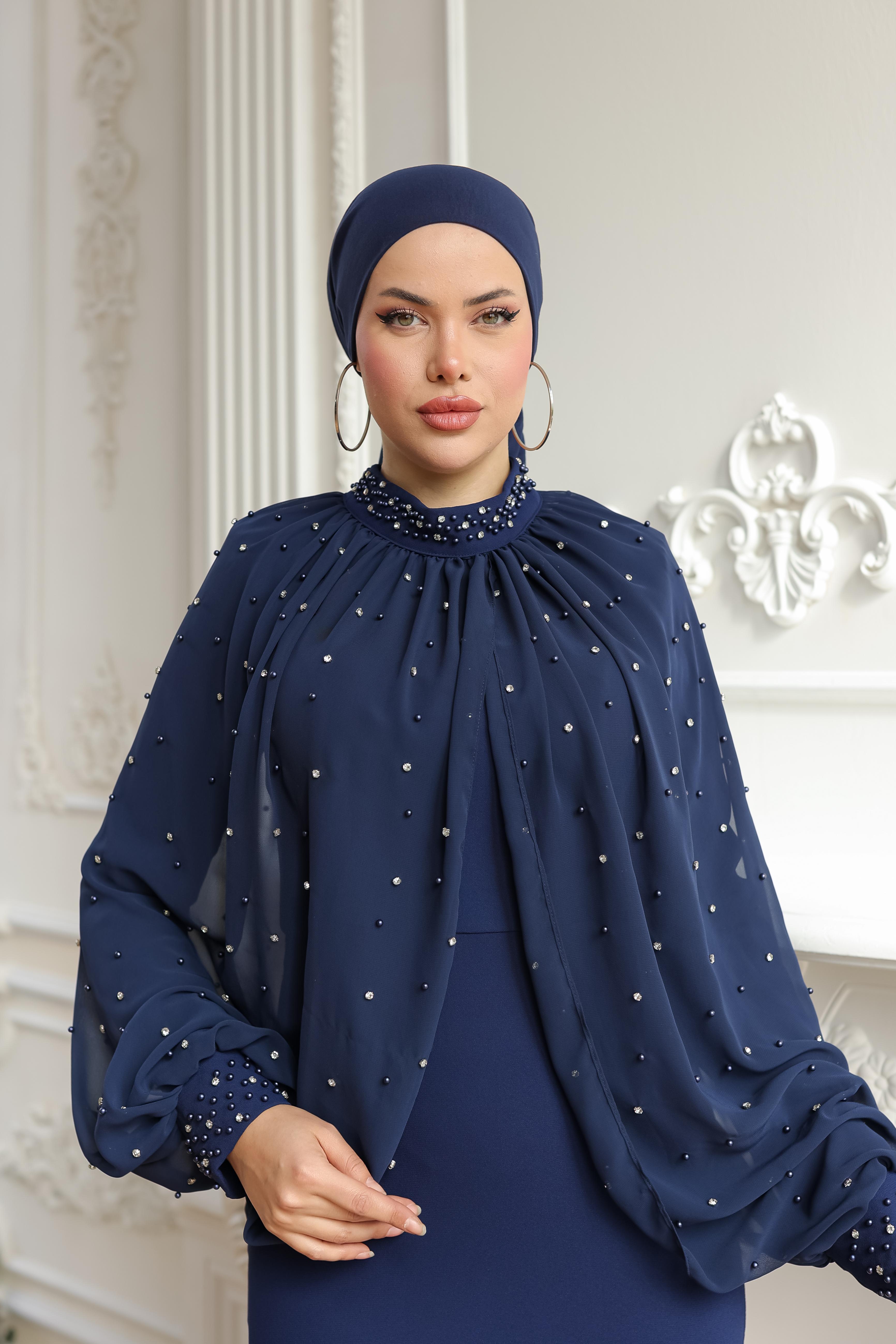 Taş Ve Boncuk İşlemeli Seyyar Pelerinli Elbise 8360 - Navy Blue