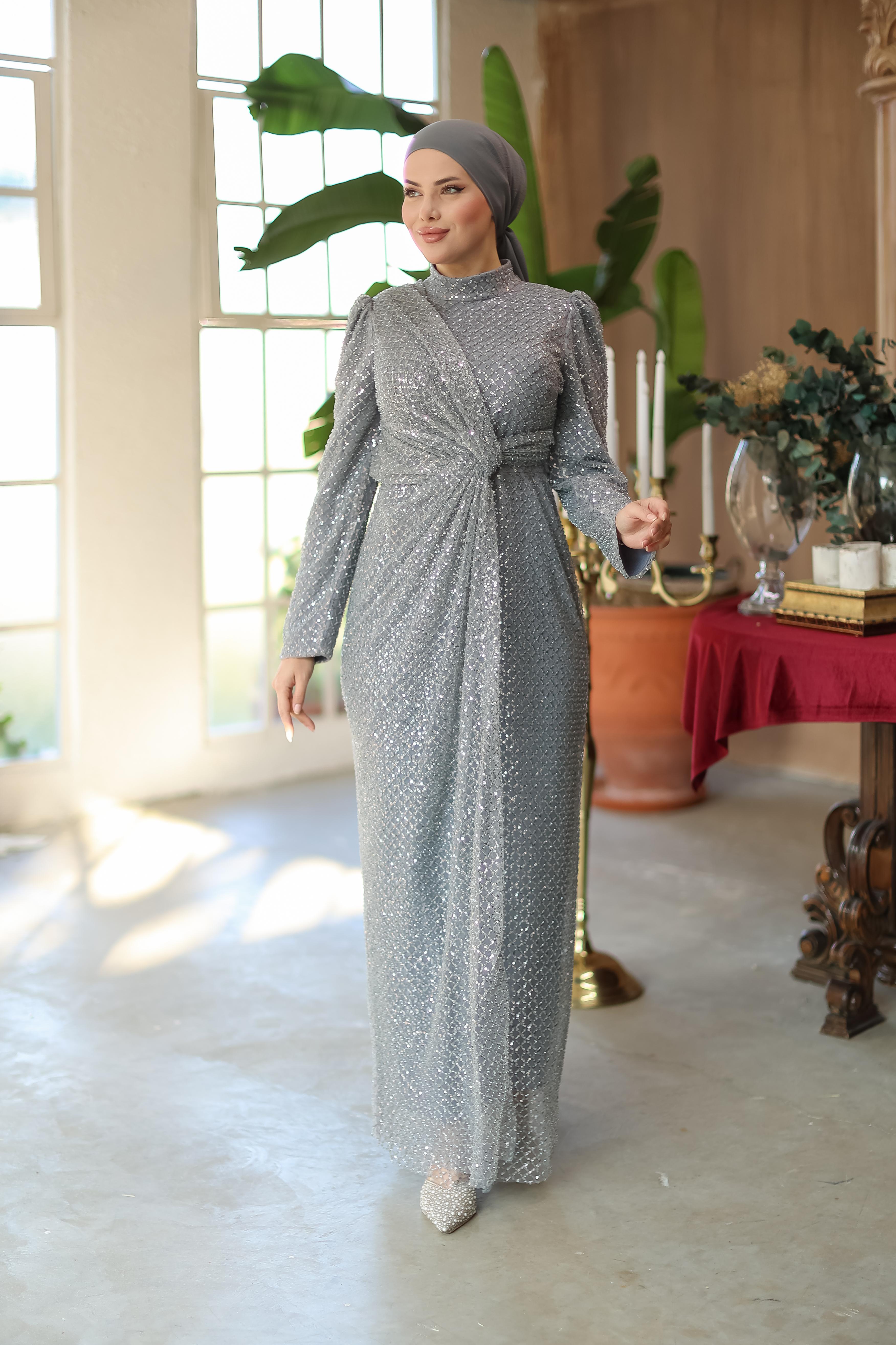 Bead-Embroidered Gown 8363 - Gray