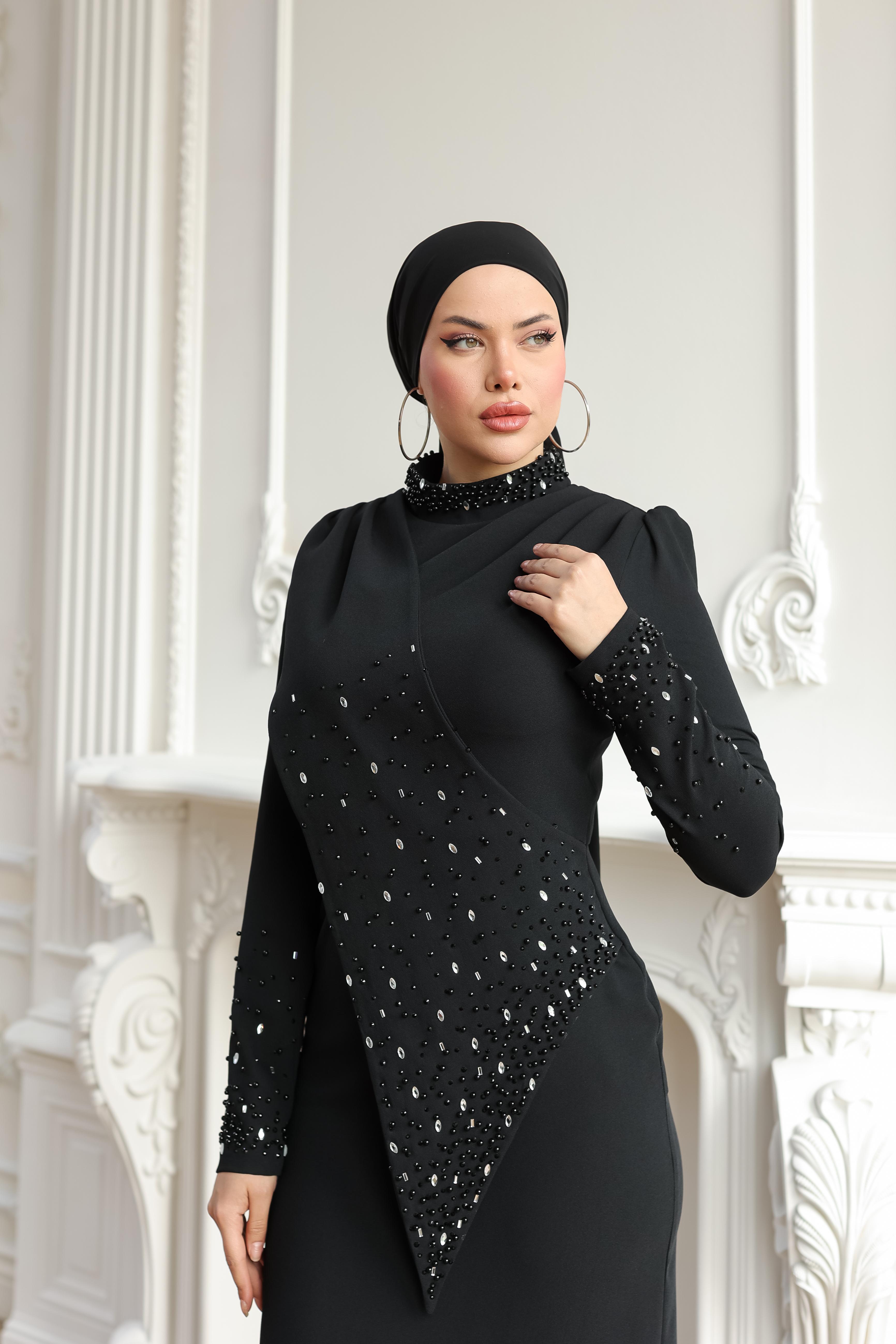 Boncuk İşlemeli Elbise 8366 - Black