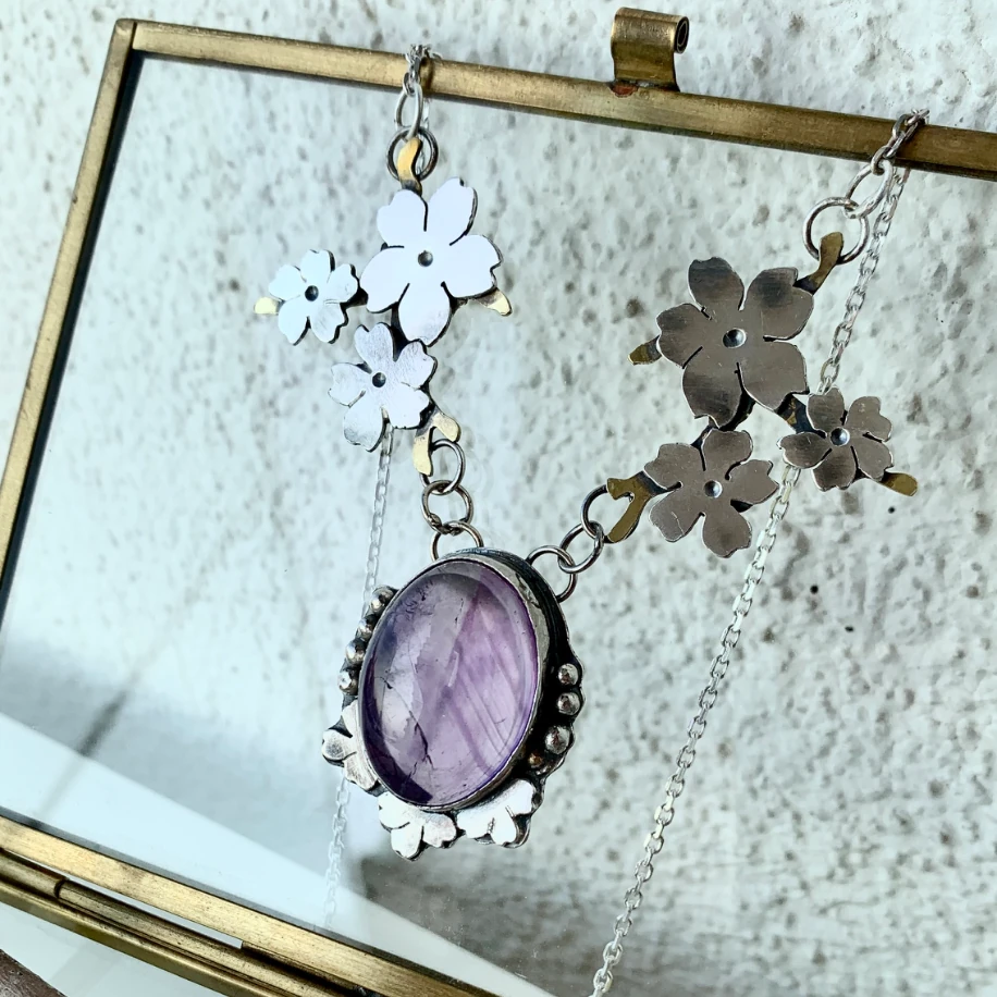 Ametist Taşlı Sakura Çiçekli Kolye