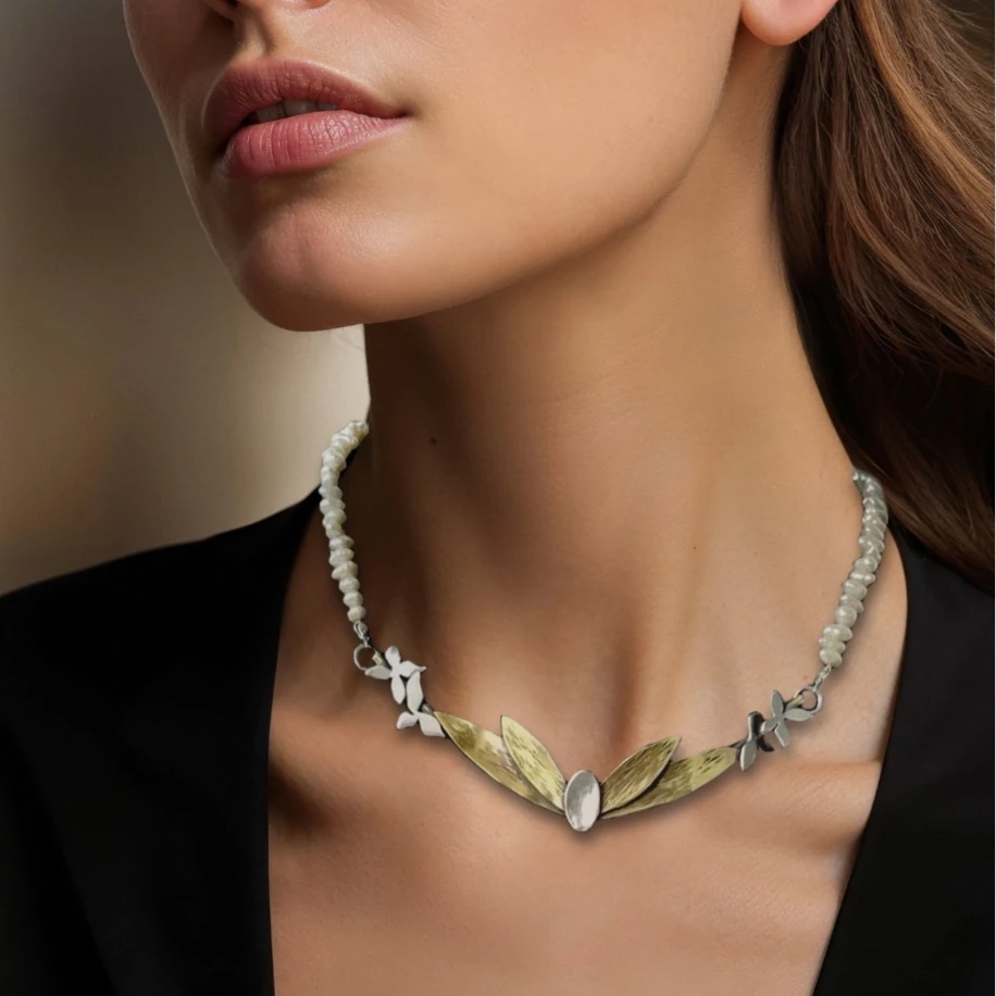 Zeytin Dalı - Çiçekli İncili Kolye