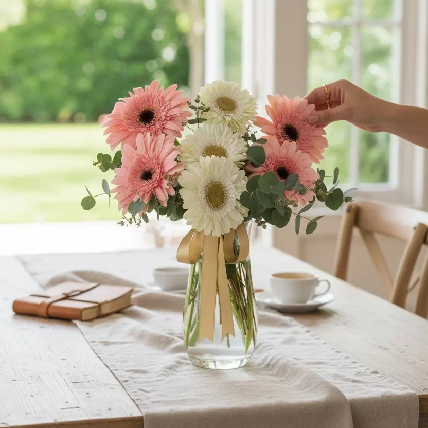 Sarı Kurdeleli Cam Vazoda Pembe & Beyaz Gerberalar