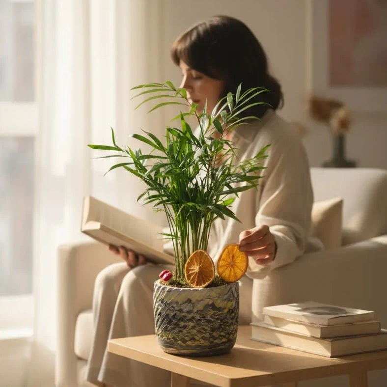 Beton Saksıda Chamaedorea Bitkisi Aranjmanı