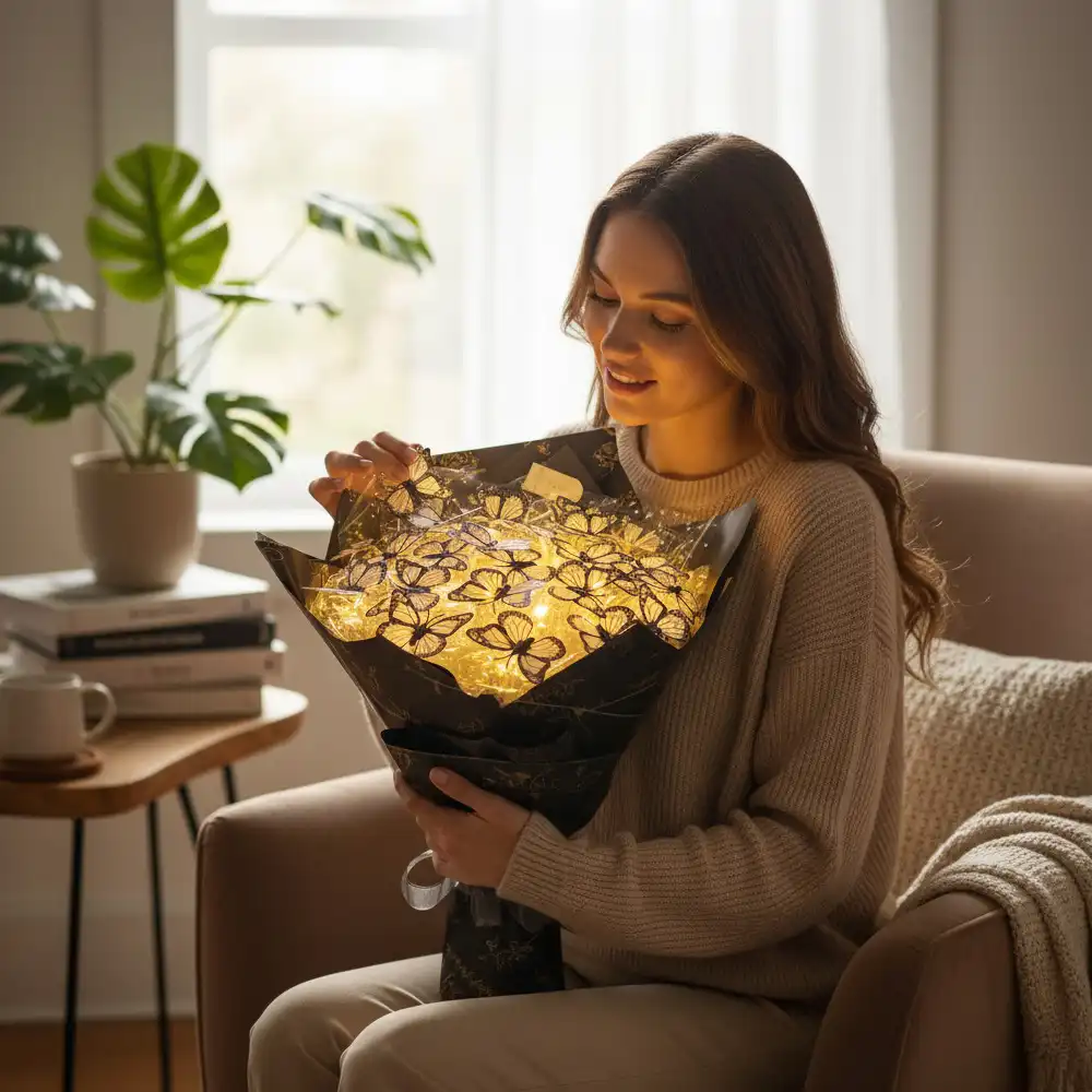 Işıklı Siyah Beyaz Kelebek Buketi