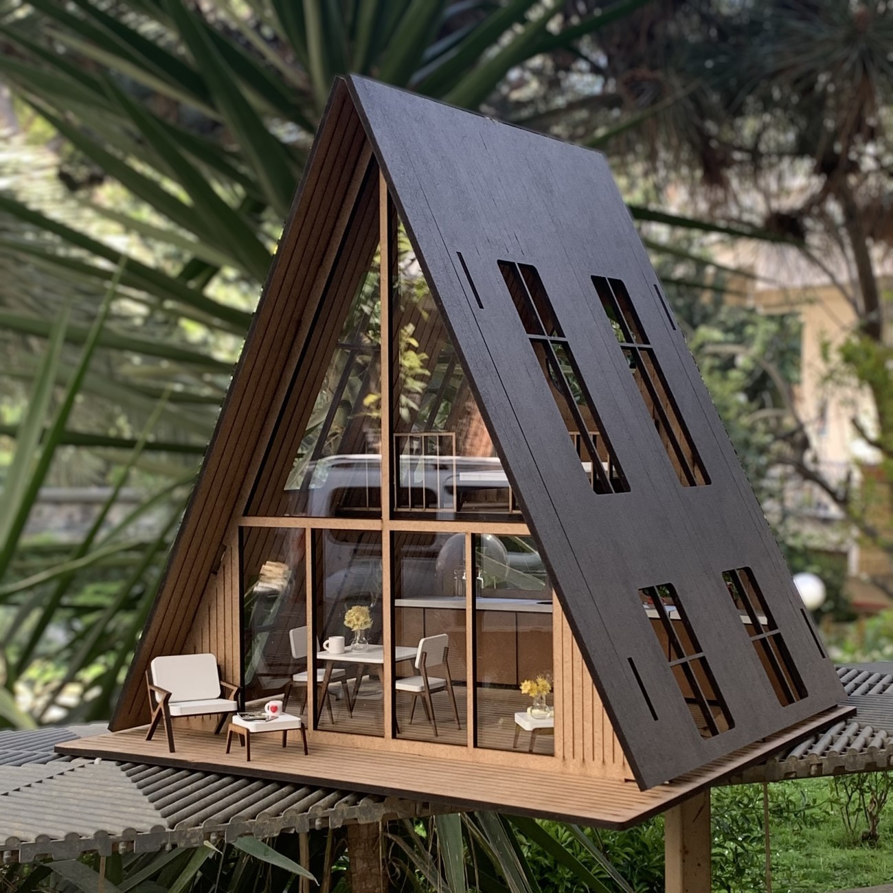 Mobilyalı Ahşap Oyun Evi - Yetişkinler İçin 1:12 Ölçek Modern Dollhouse