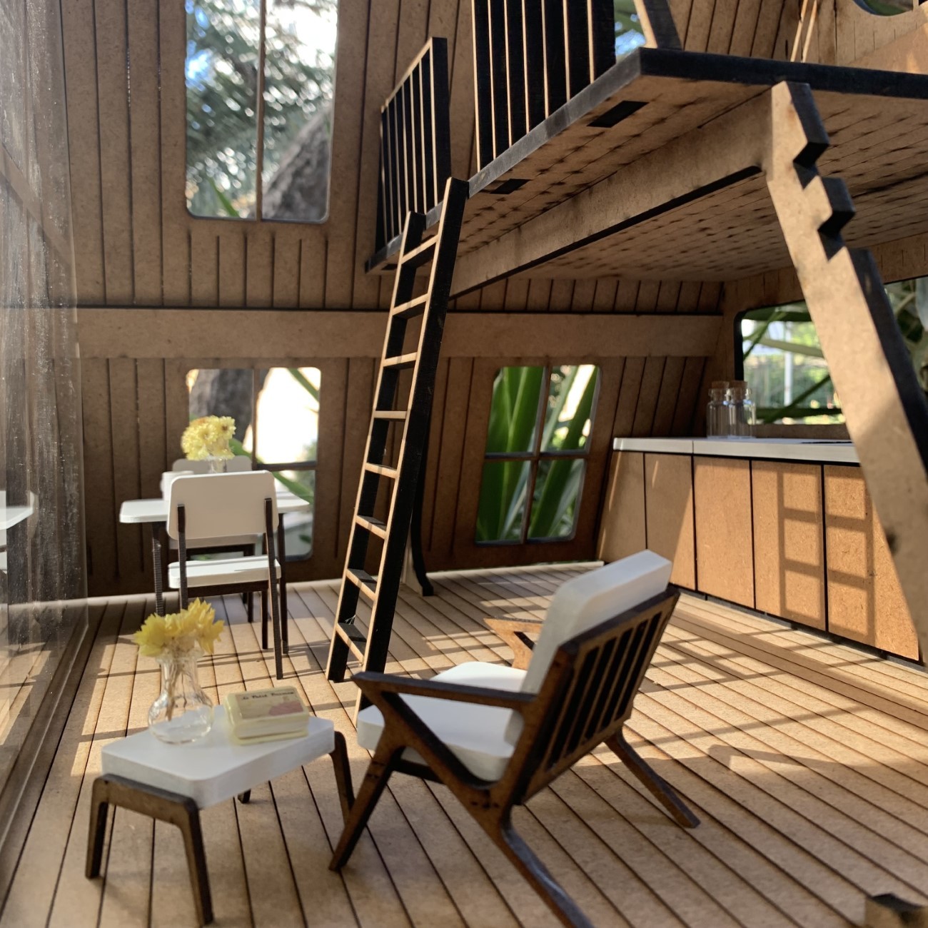 Mobilyalı Ahşap Oyun Evi - Yetişkinler İçin 1:12 Ölçek Modern Dollhouse