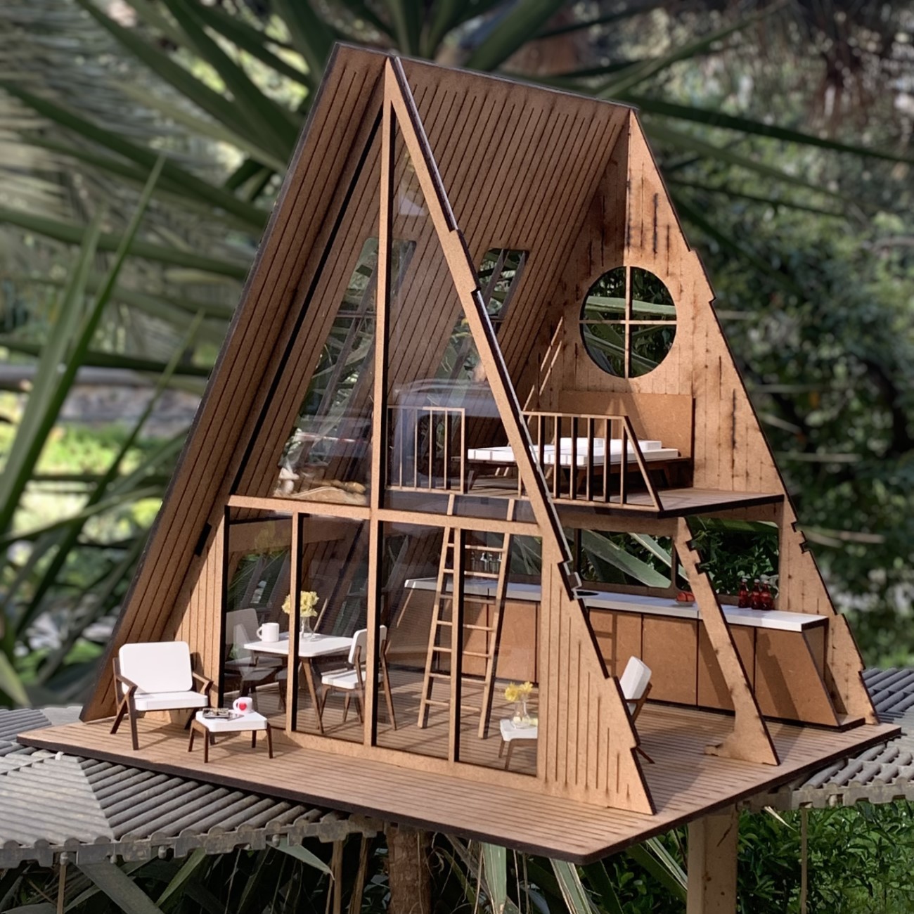 Mobilyalı Ahşap Oyun Evi - Yetişkinler İçin 1:12 Ölçek Modern Dollhouse