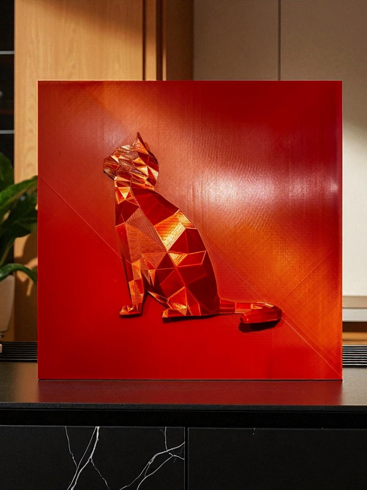 3D Poligonal Kedi Duvar Tablosu – Kırmızı