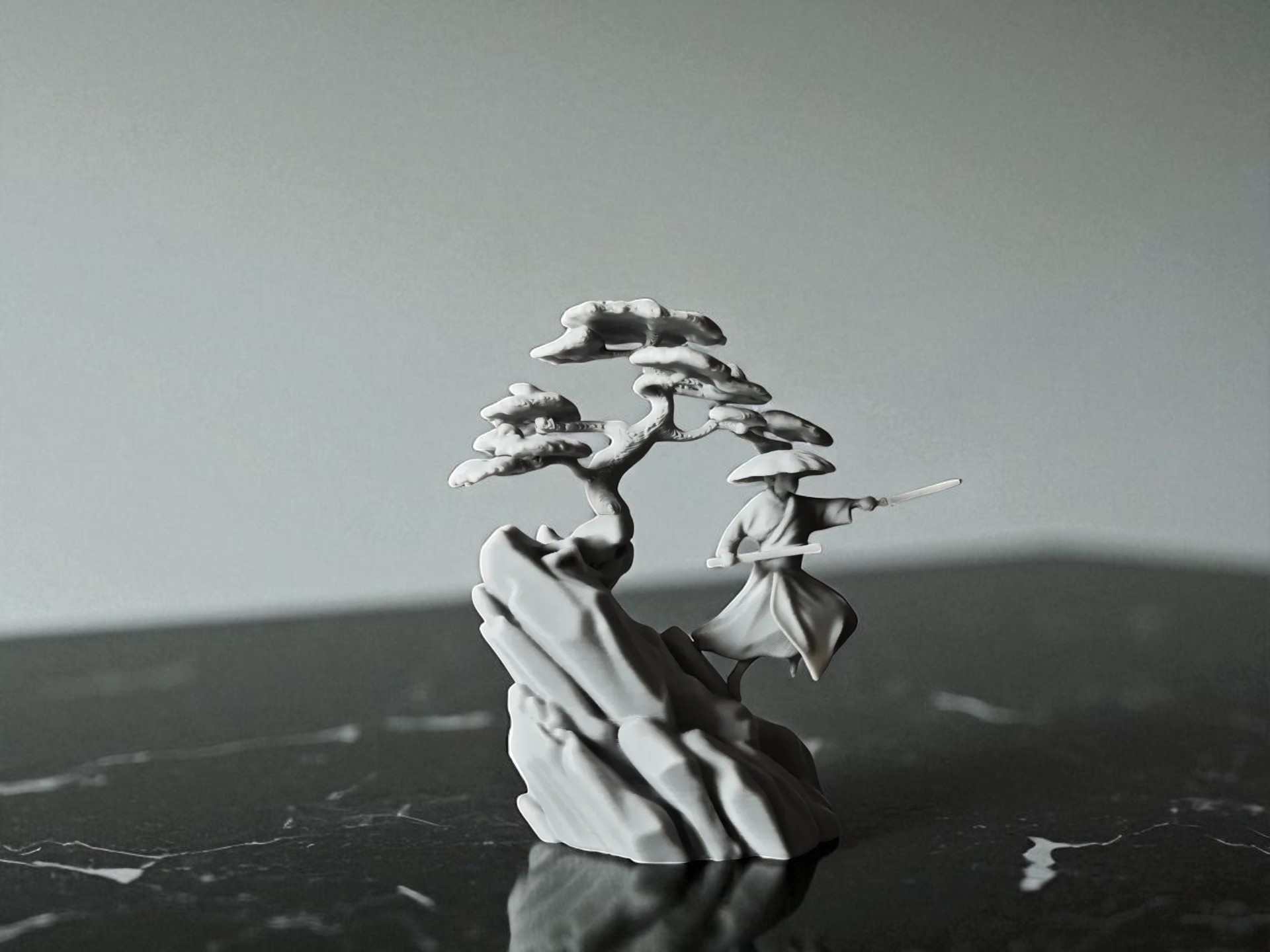 Son Samuray ve Bonsai Figürü – Zen Temalı 3D Dekoratif Heykel