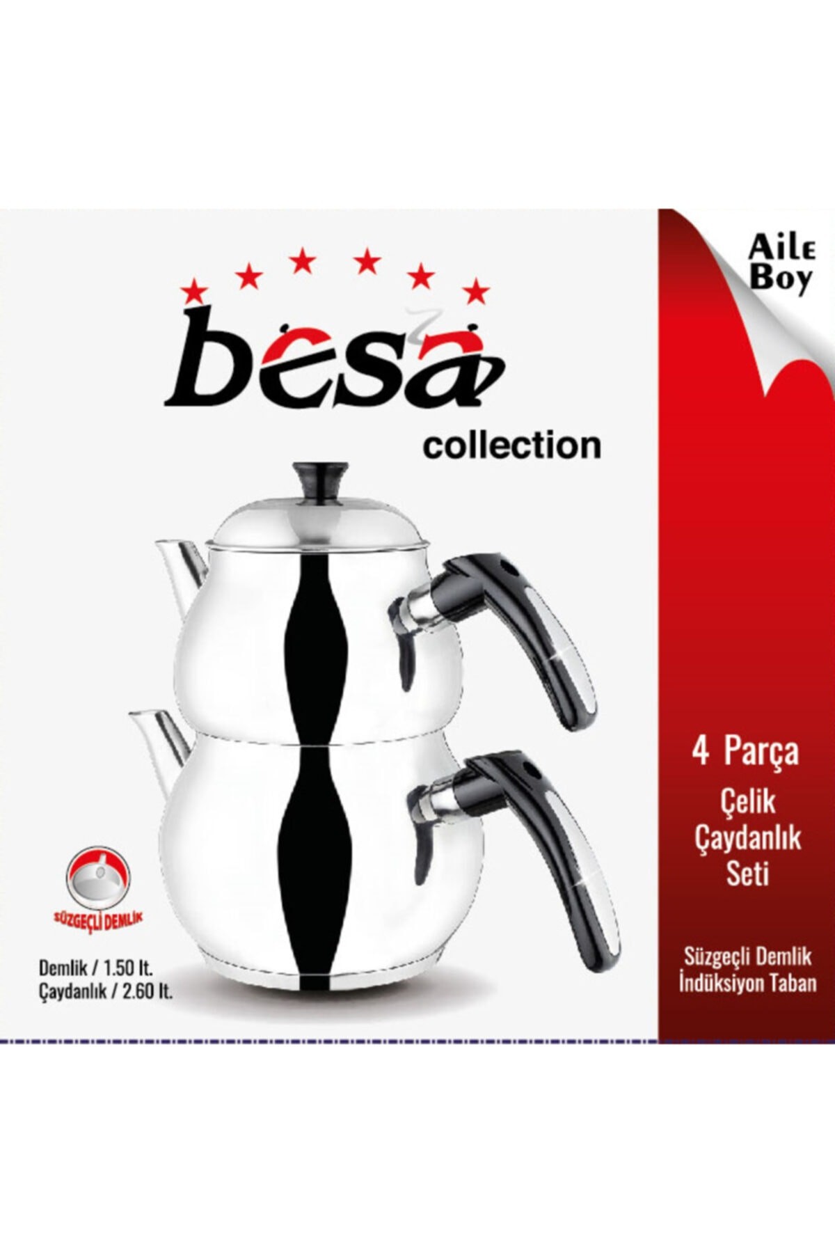 Besa Çelik Çaydanlık Siyah Kulp Aile