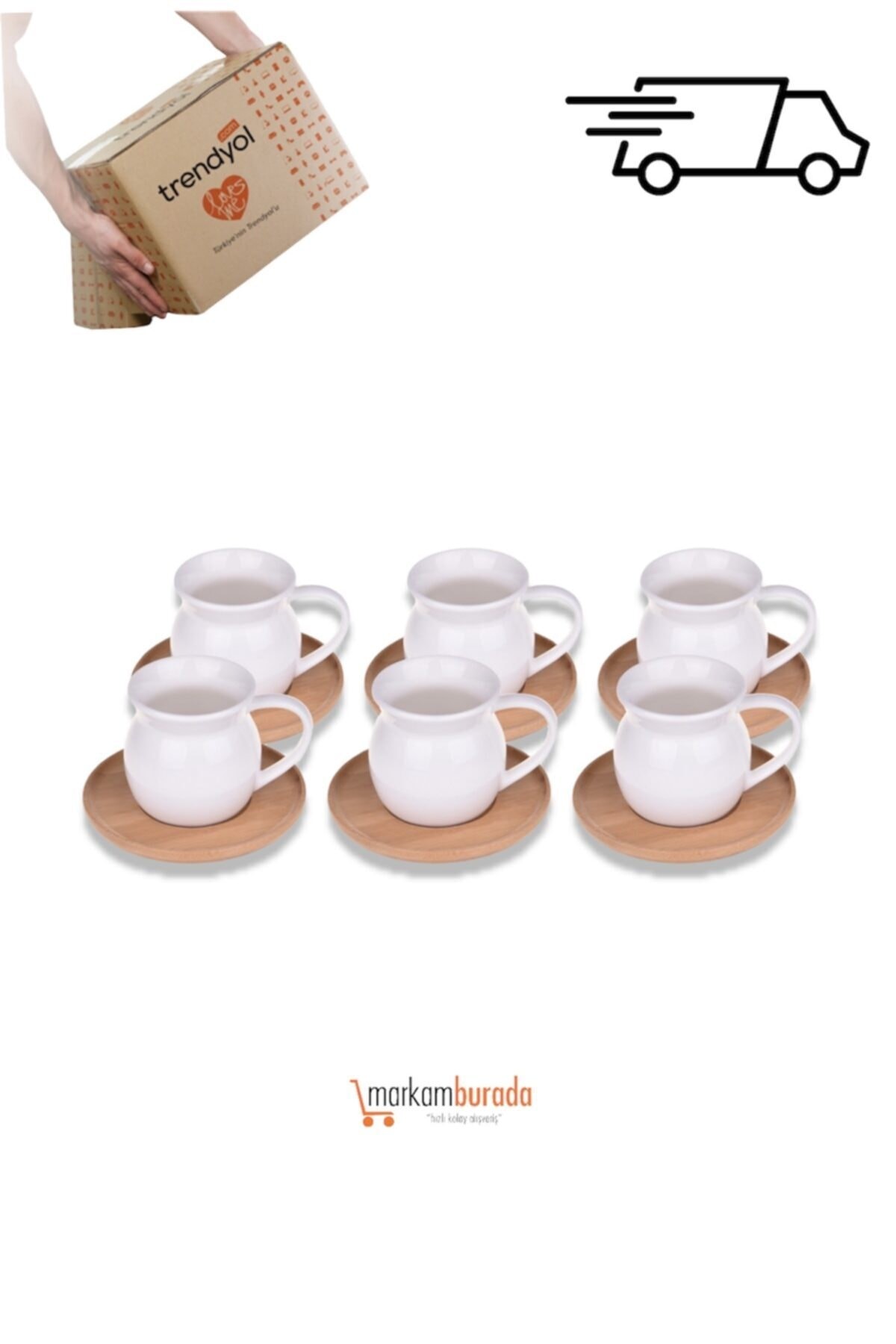 Outlet Plus Torby 6 Kişilik Porselen Bambu Kahve Fincan Takım Set 12 Parça