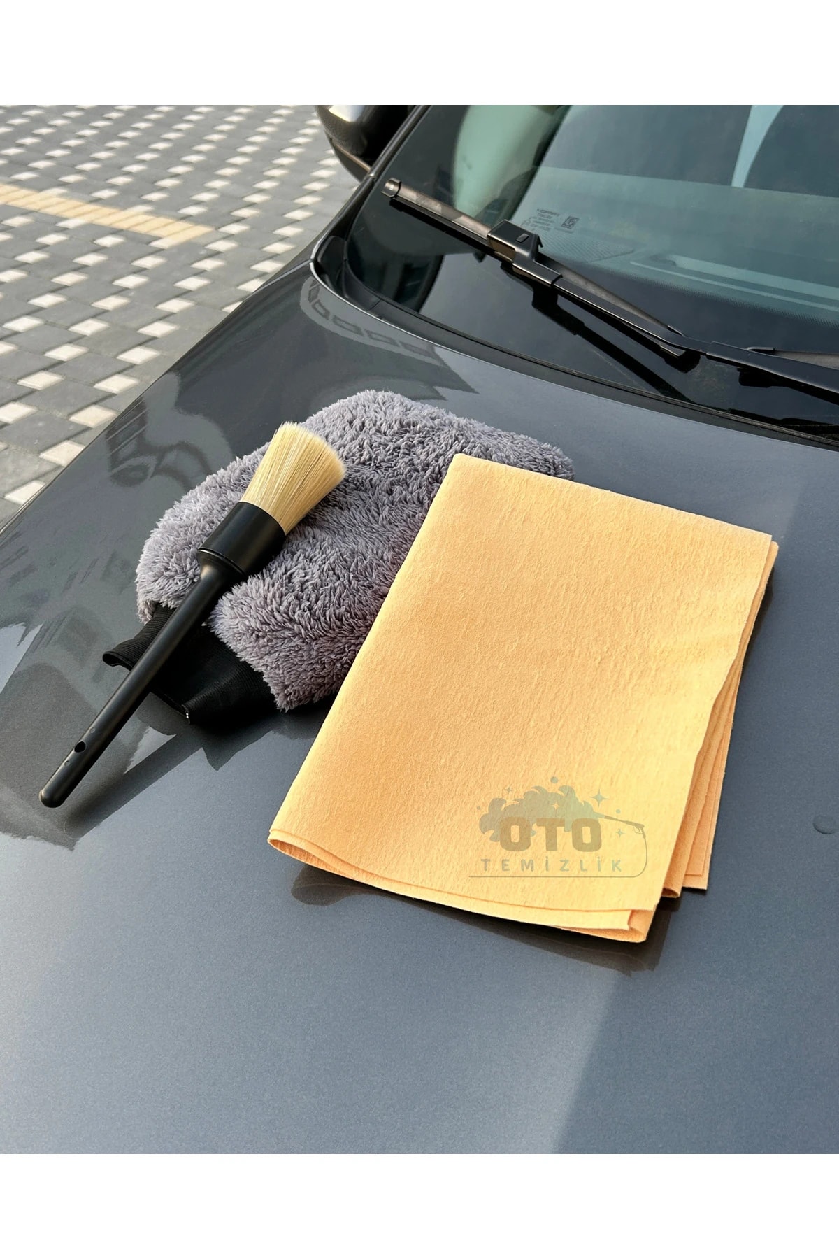 3'lü Oto Yıkama Seti - Oto Yıkama Eldiveni, Oto Detay Temizlik Fırçası, Güderi Bez 50X70cm