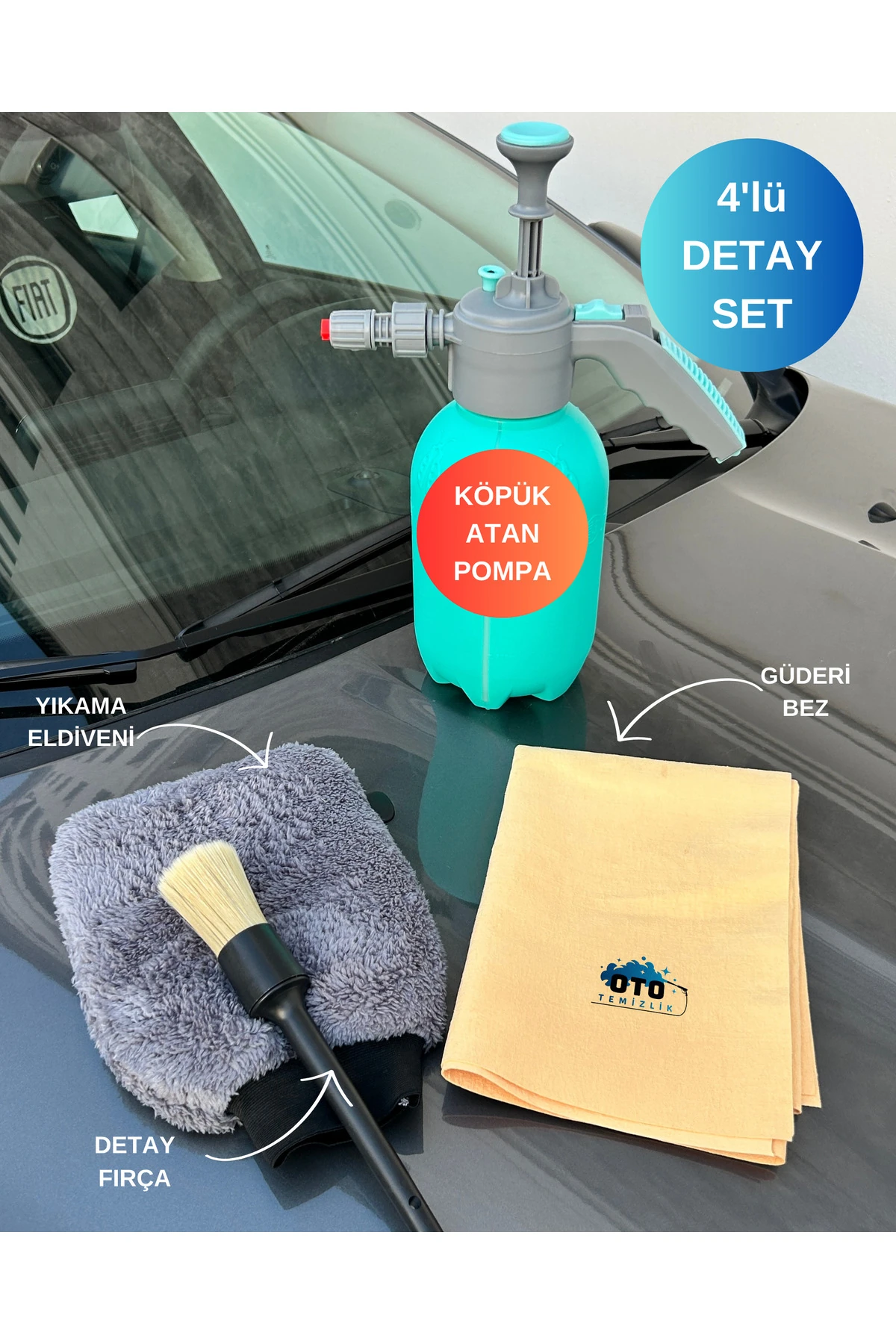 4’lü Profesyonel Araç Yıkama Seti – Köpük Atan Pompa, Detay Fırça, Mikrofiber Eldiven, Güderi Bez
