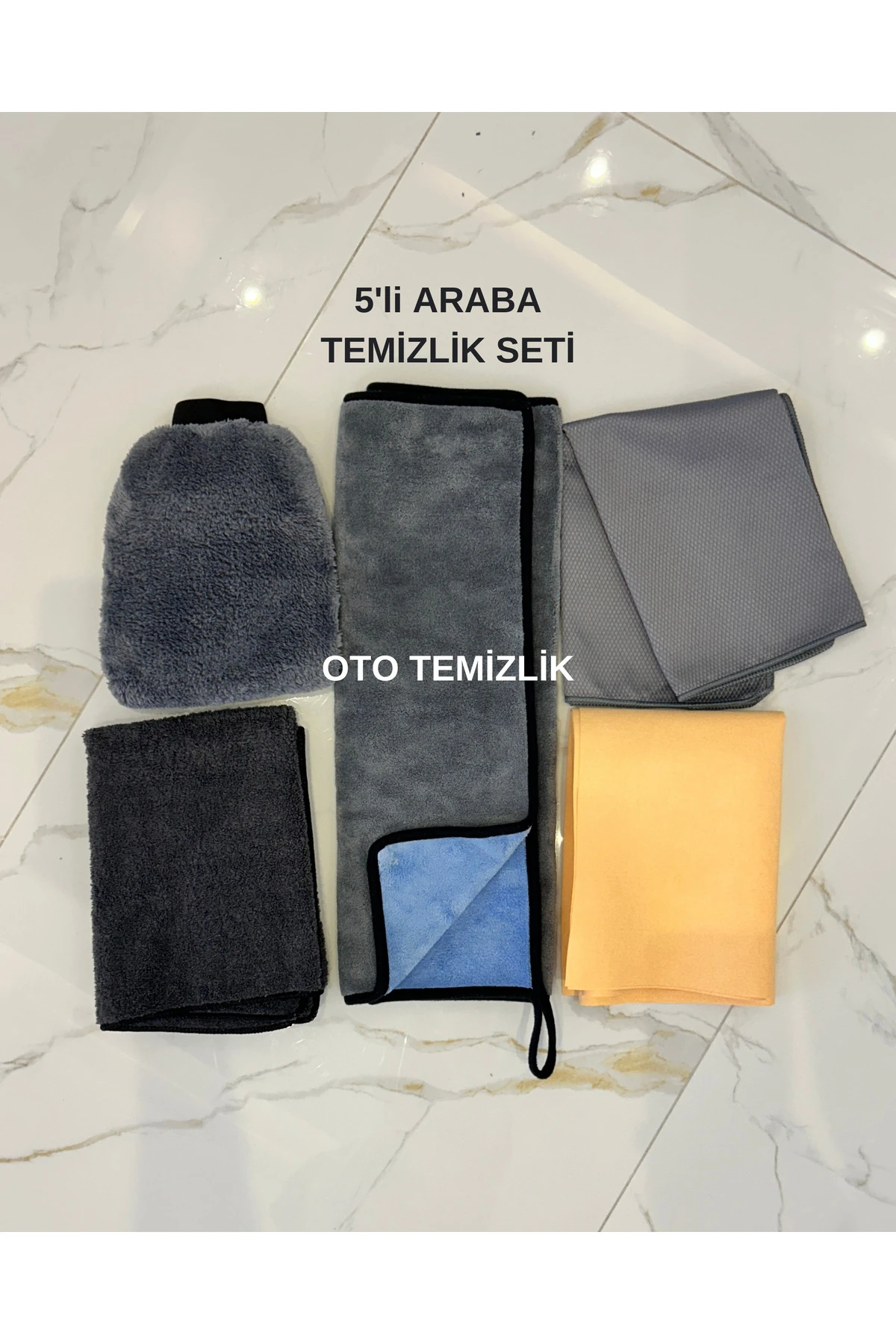 5'li Oto Yıkama Seti Mikrofiber Kurulama Bezi, Güderi Bez, Araba Yıkama Eldiveni, Cam Bezi 70x50 Cm