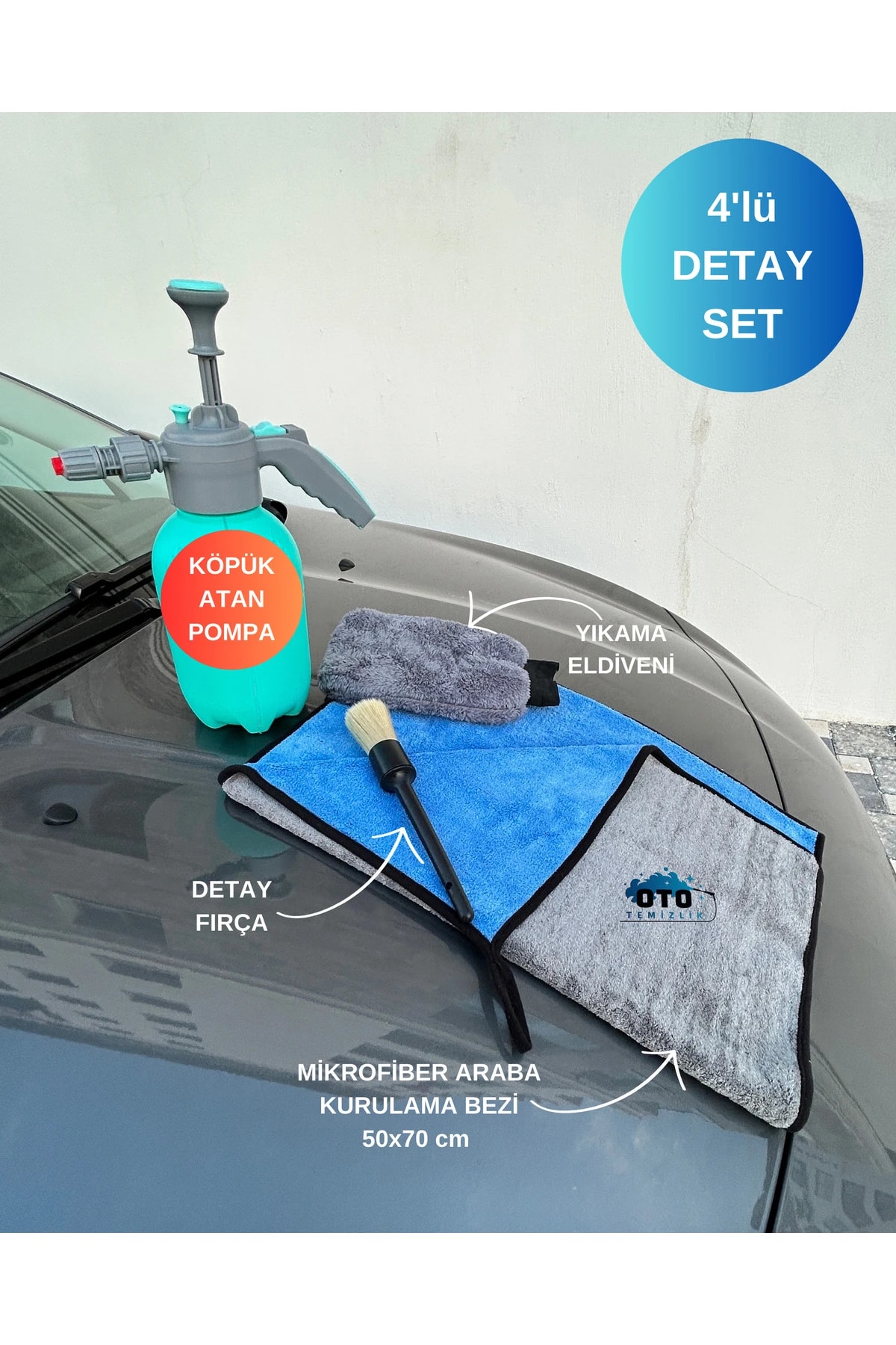 4'lü Oto Temizlik Seti – 2L Köpük Atan Pompa, Detay Fırça, Mikrofiber Eldiven, Araba Kurulama Bezi