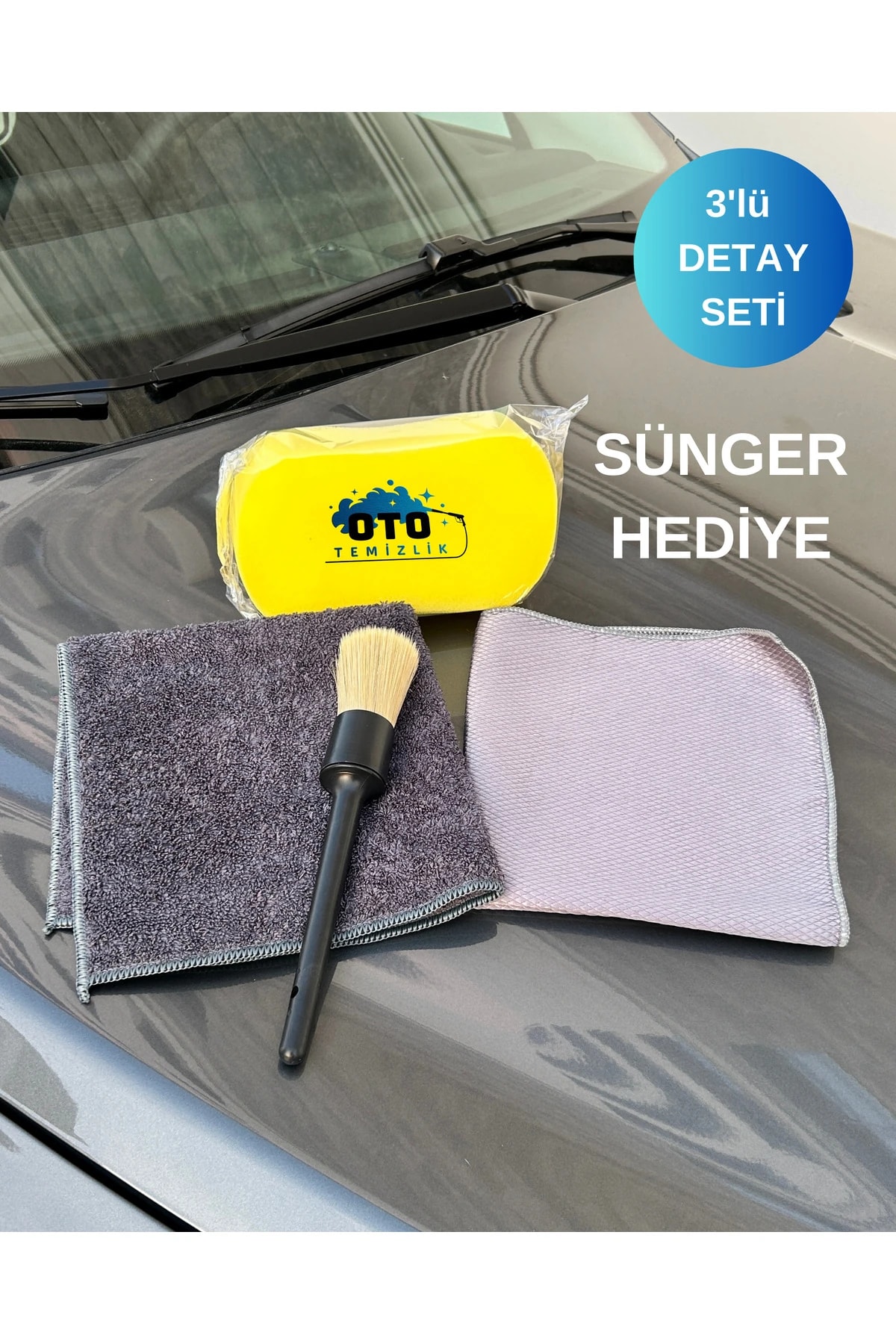 3'lü Oto Detay Seti - Araba Detay Fırçası, Mikrofiber Araba Kurulama Bezi, Cam Bezi + Sünger Hediye