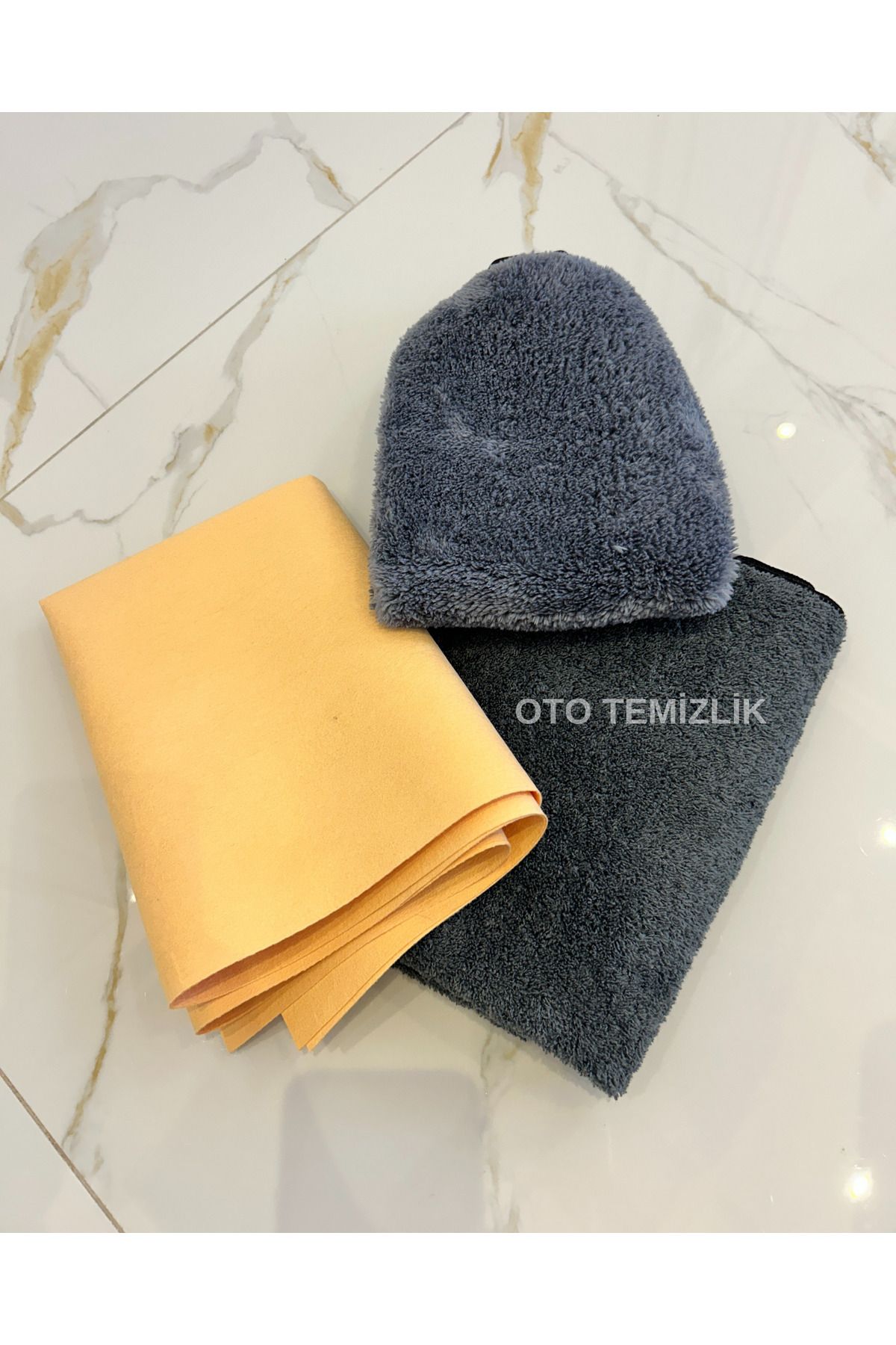 3'lü Oto Yıkama Seti: Mikrofiber Araç Kurulama Bezi, Mikrofiber Yıkama Eldiveni, Güderi Bezi 70x50cm