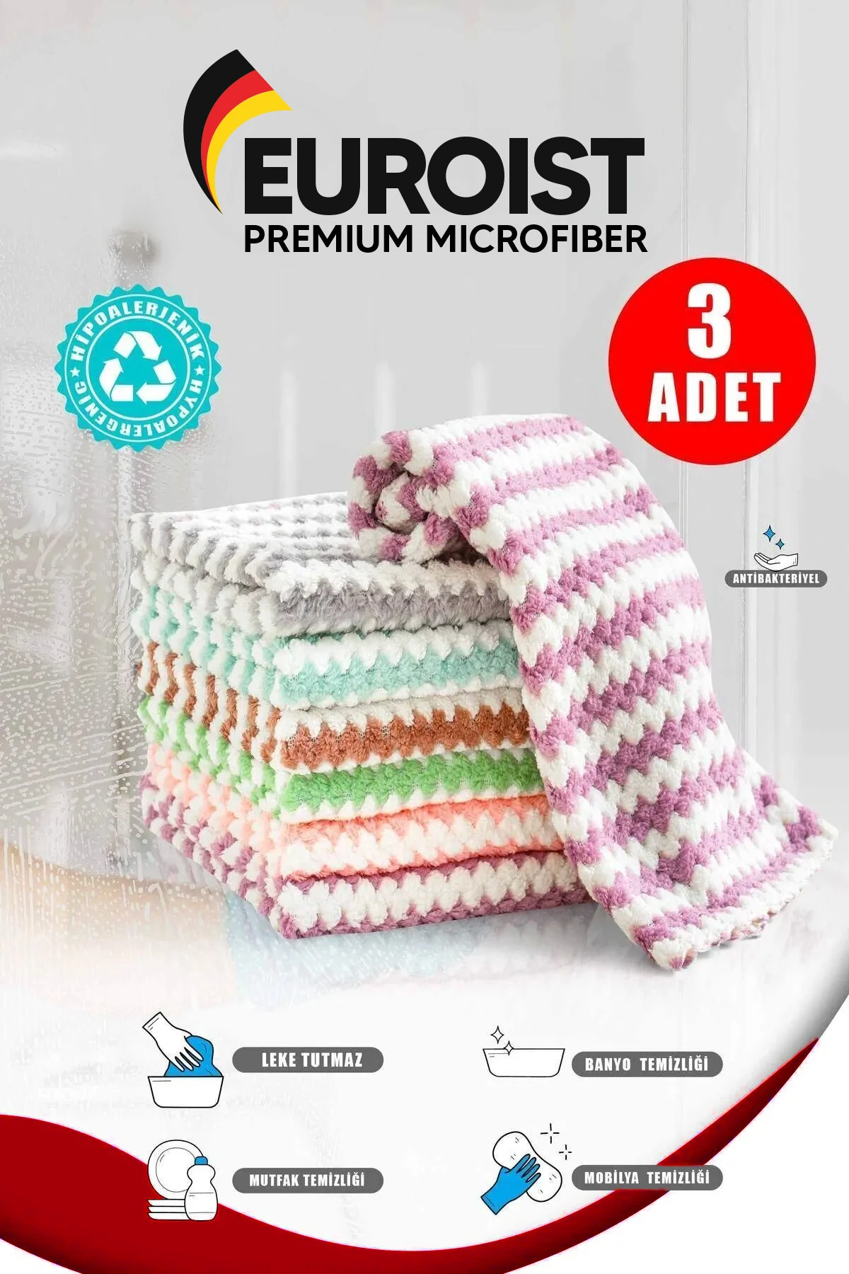 Mikrofiber Yumuşak Doku, Süper Emici Mutfak Bezi, Bulaşık Tezgah Bezi, Zikzak Desen (3 Adet)