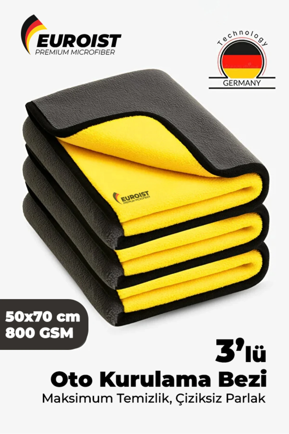 Araba Kurulama Bezi, Ultra Emici Mikrofiber, 800 GSM, Çift Katlı Havlu, 50x70 cm, 3 Adet