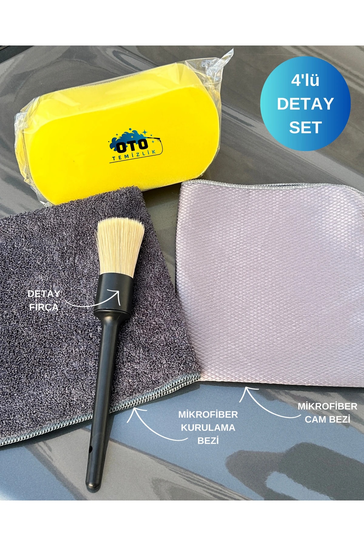 4’lü Profesyonel Araç Temizlik Seti – Mikrofiber Bez, Cam Bezi, Oto Sünger ve Detay Fırçası