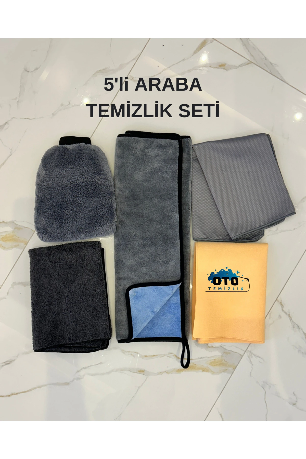 5'li Araba Yıkama Seti - Mikrofiber Kurulama Bezi, Güderi, Araba Yıkama Eldiveni, Cam Bezi 70x50cm