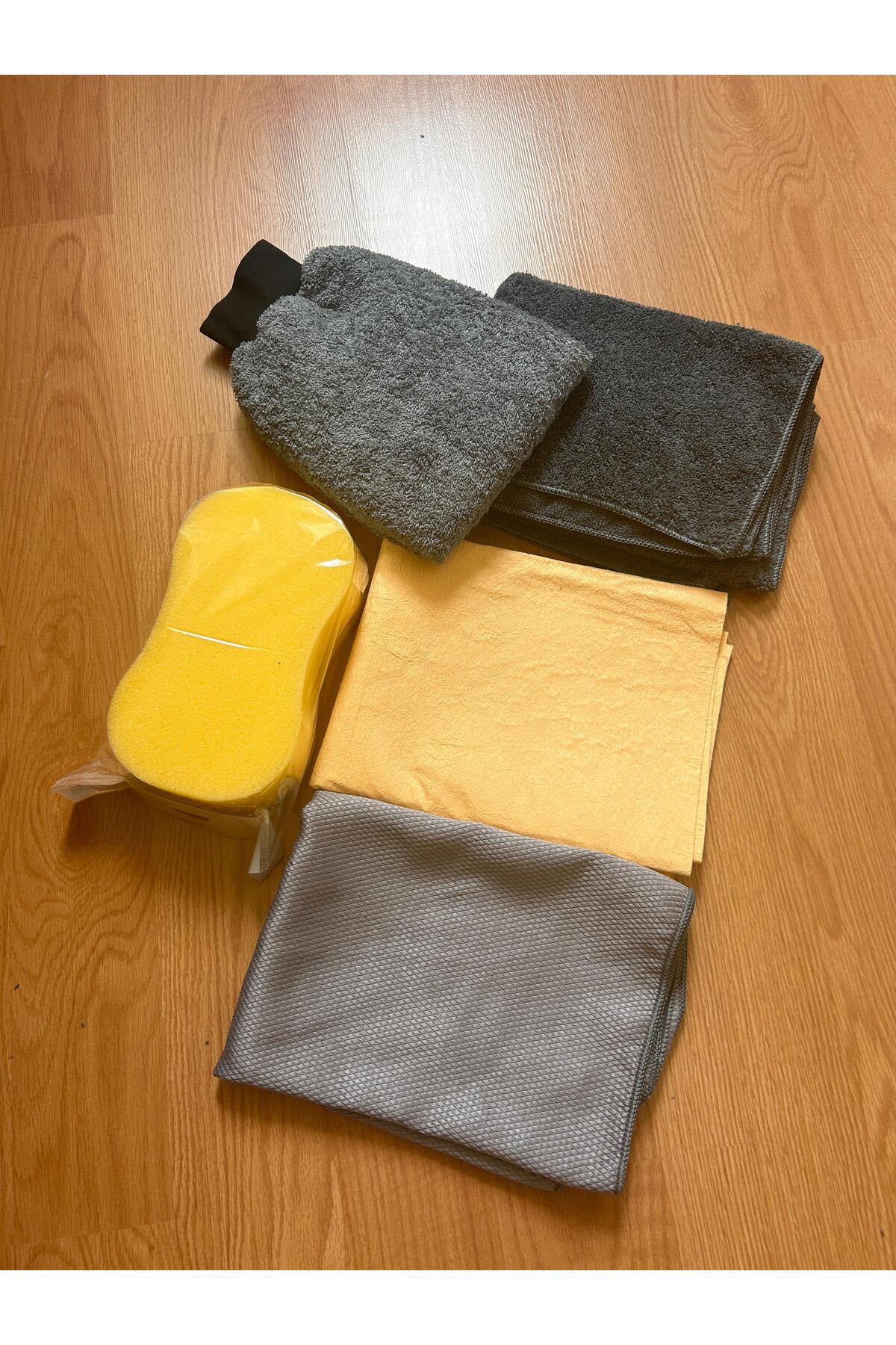 5'li Oto Yıkama Seti - Oto Yıkama Eldiveni, Güderi Bez, Mikrofiber Bez, Cam Bezi 50X70cm