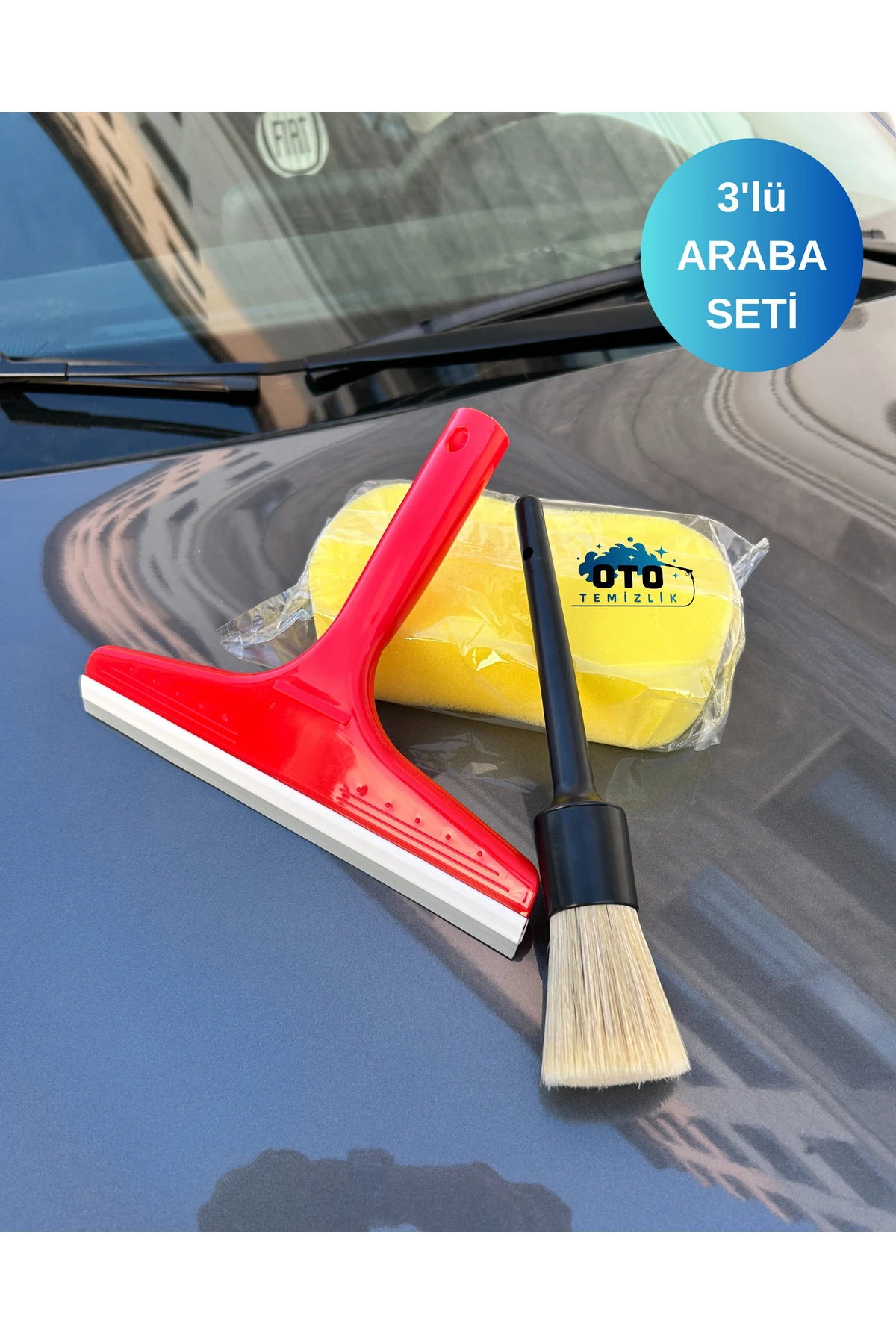 3'lü Araba Temizlik ve Detay Seti | Oto Cam Çekçek, Detay Fırçası, Araba Süngeri
