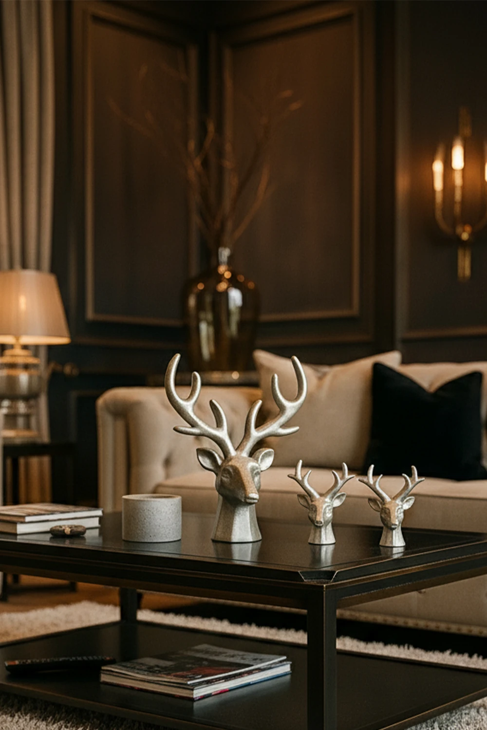 Yılbaşı Gold Geyik Obje Seti (4’lü) – Geyik Figürleri & Tealight Mumluk, El Boyama