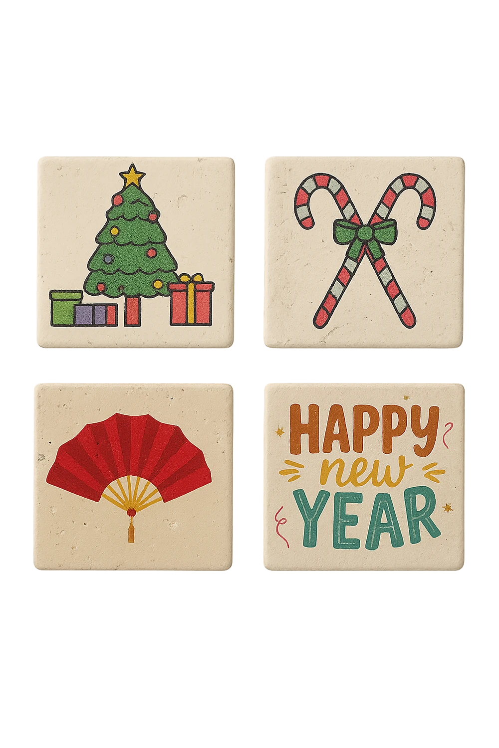 Yılbaşı Temalı Traverten Bardak Altlığı Seti (4’lü) – Doğal Taş Üzeri Dijital Baskı
