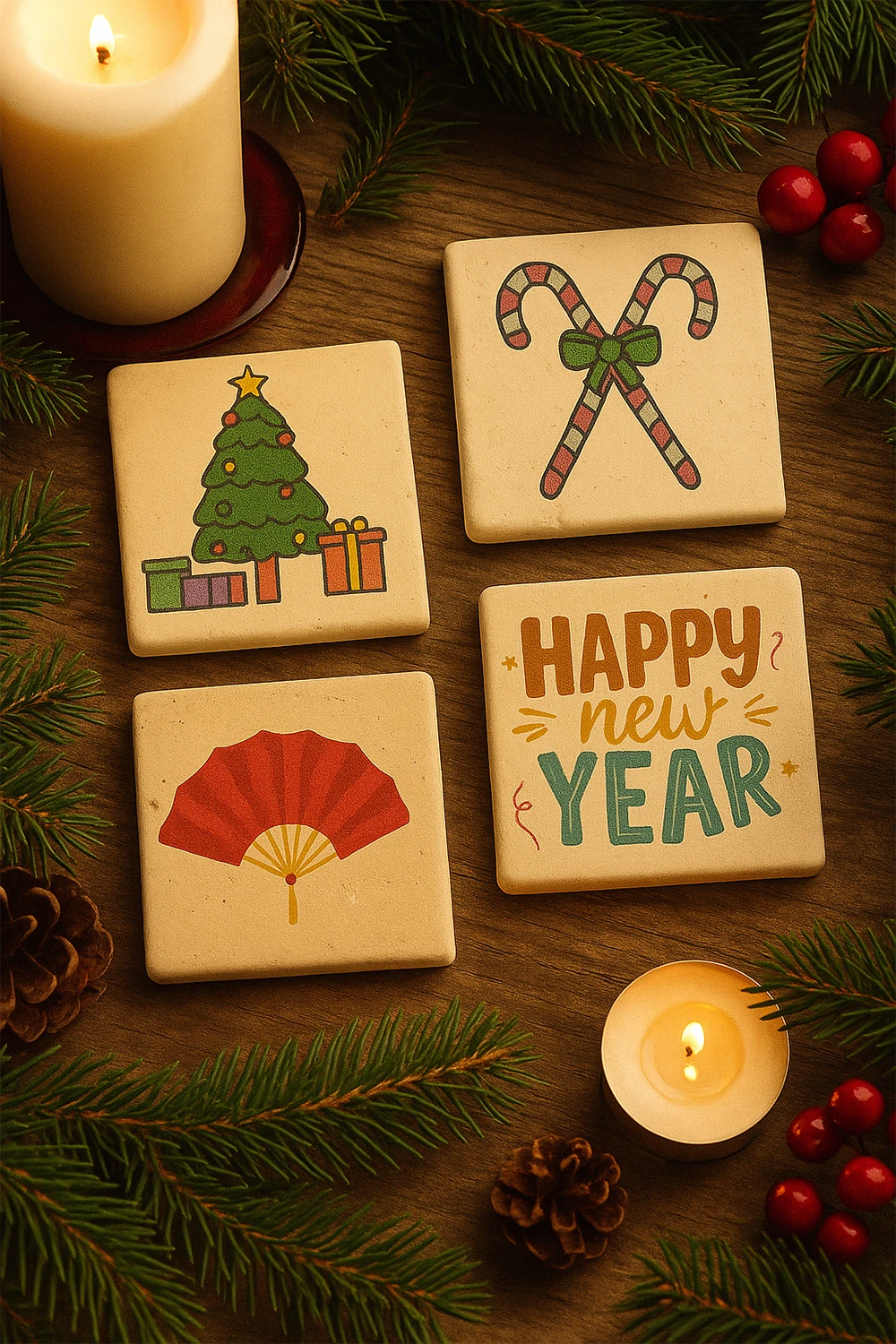 Yılbaşı Temalı Traverten Bardak Altlığı Seti (4’lü) – Doğal Taş Üzeri Dijital Baskı