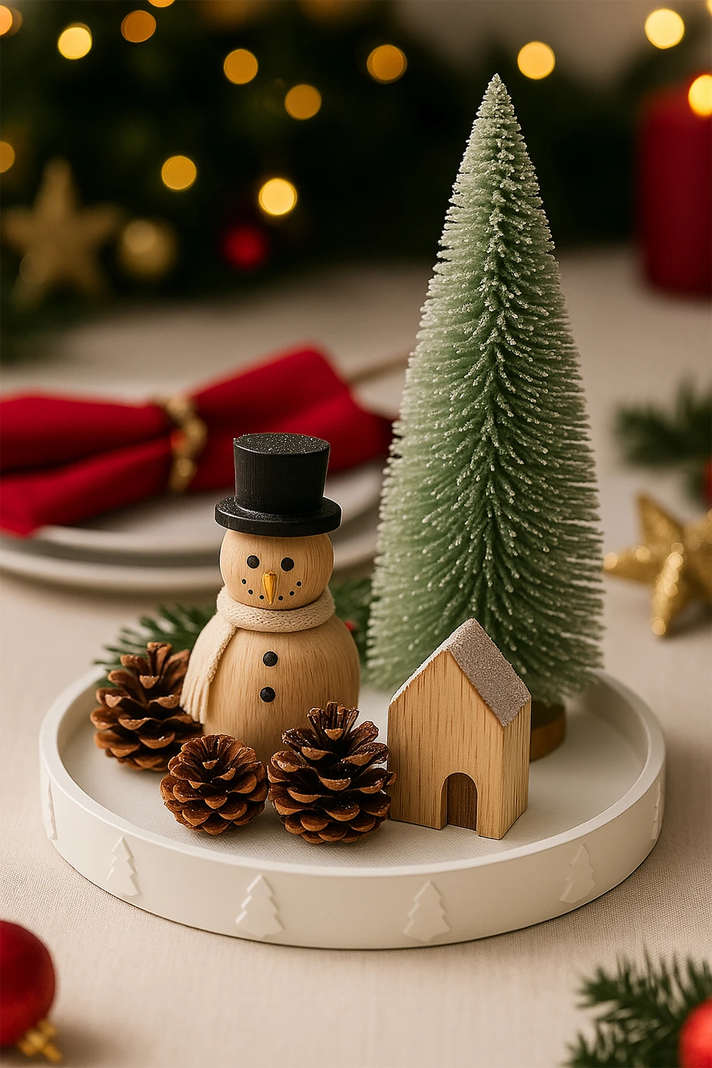 Noel Motifli Dekoratif Sunum Tabağı – Beyaz Yılbaşı Objesi 