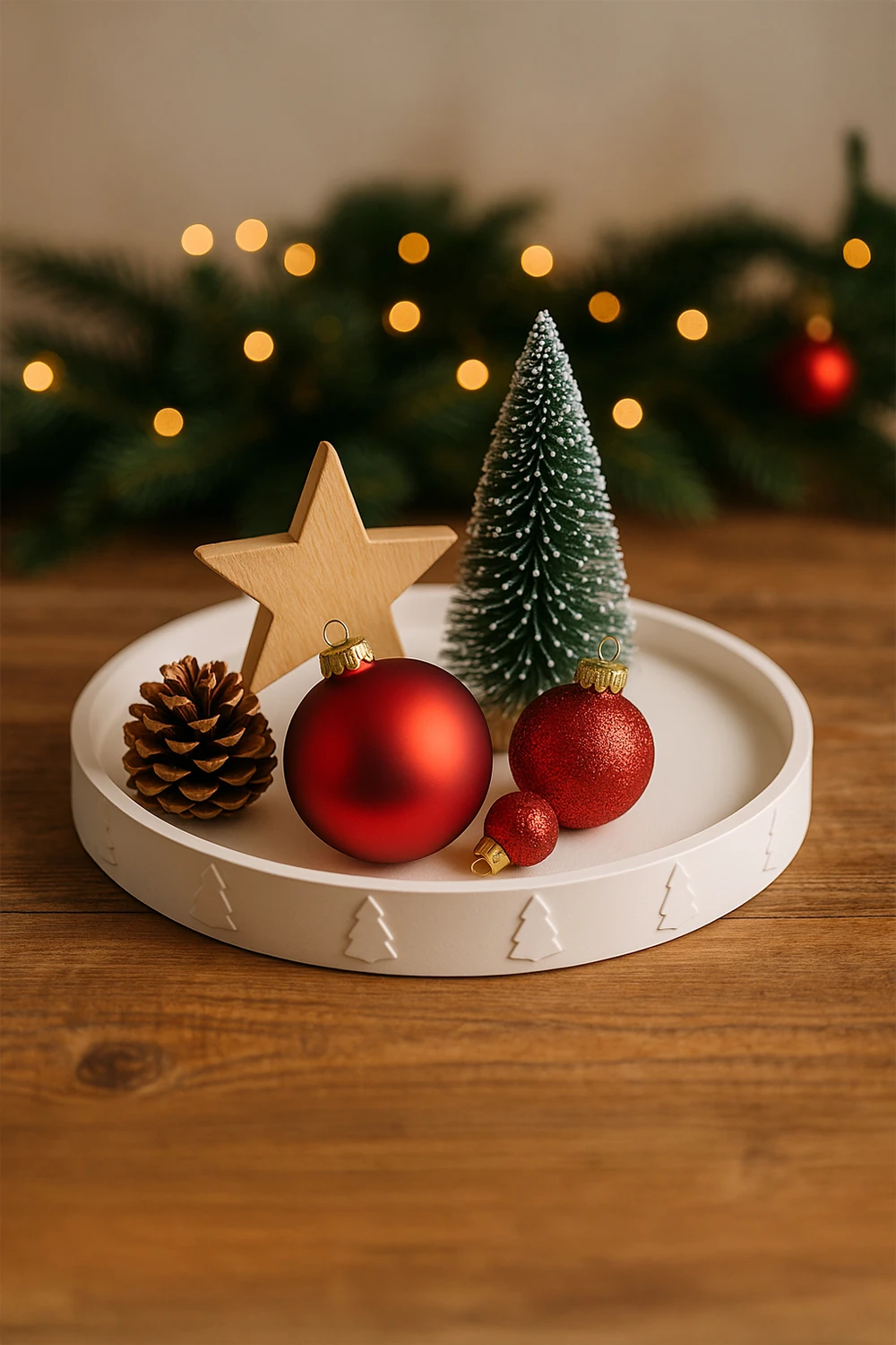 Noel Motifli Dekoratif Sunum Tabağı – Beyaz Yılbaşı Objesi 