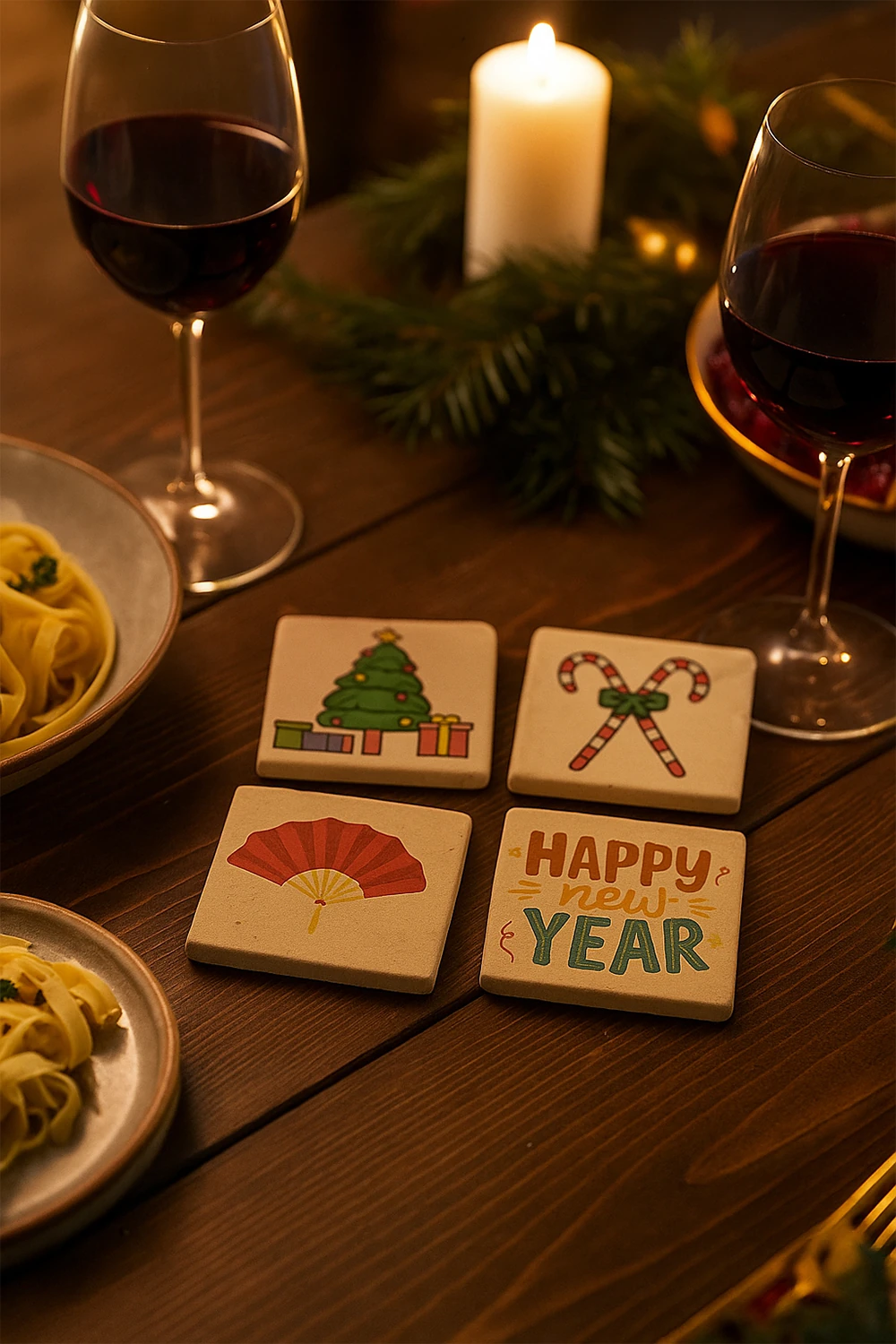 Yılbaşı Temalı Traverten Bardak Altlığı Seti (4’lü) – Doğal Taş Üzeri Dijital Baskı